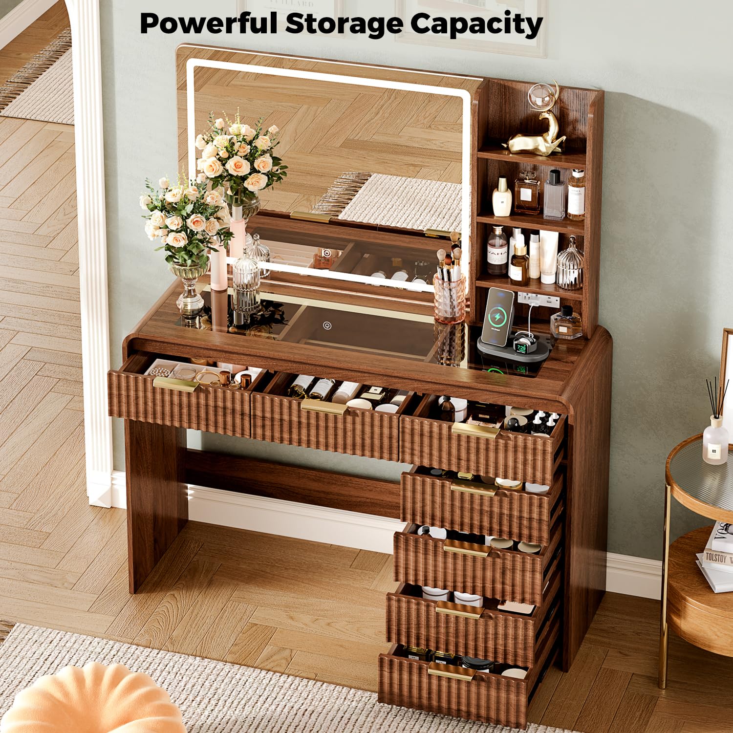 47“Makeup Vanity Desk with Mirror and Lights, Vanity Desk with 7 Drawers & Storage Shelves, Vanity Table with Power Outlet, 3 Color Modes & Adjustable Brightness Dressing Table, Bedroom,Brown
