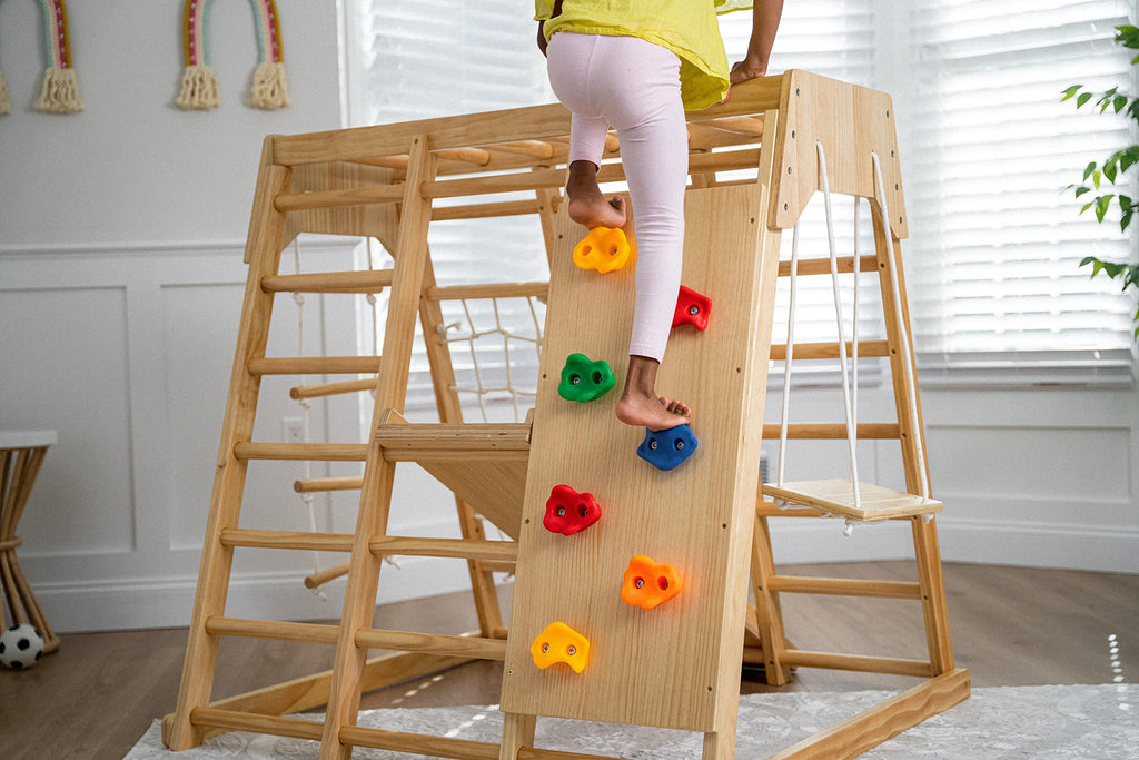 Avenlur Magnolia Indoor Playground 7-in-1 Jungle Gym Playset for Kids 2-6yrs - Slide, Climbing Wall, Rope Wall Climber, Monkey Bars, Swing - Waldorf and Montessori Style Wooden Climb Set.