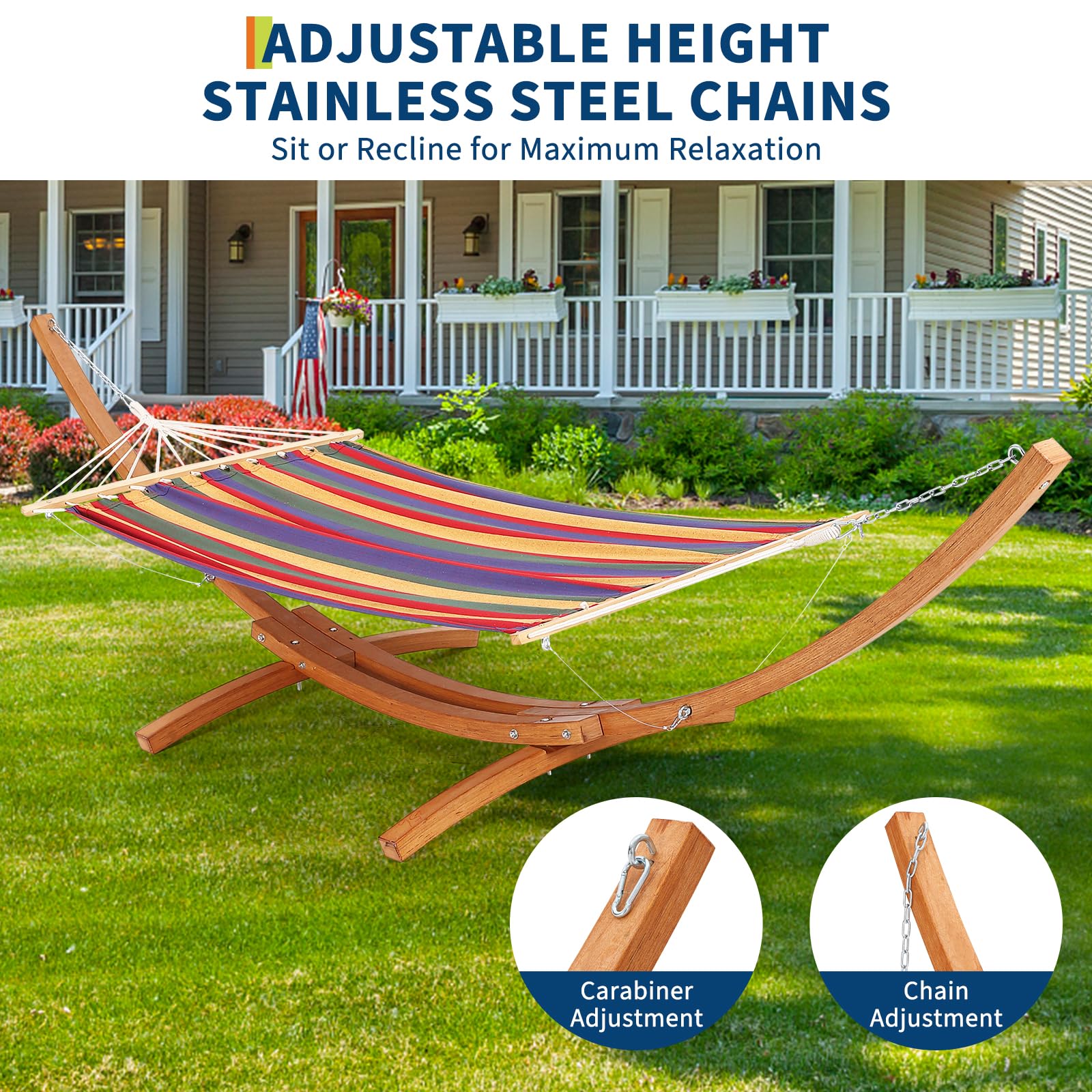 Festisoul Curved Wooden Hammock Stand, Heavy Duty 475 LBS Weatherproof Hammock Frame, Adjustable Height Stand for 9-13FT Hammocks, Indoor/Outdoor Patio Hammock Stand with Chains & Carabiners