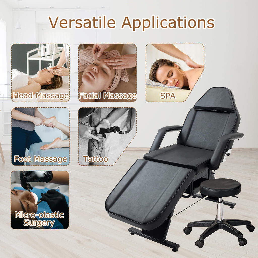 WZONICE98 3-Section Adjustable Facial Bed and Tattoo Chair, Hydraulic Stool with 2 Trays, 330lbs Capacity Massage Salon Spa Chair, Multi-Purpose Esthetician Lash Bed for Waxing Beauty Barber Black