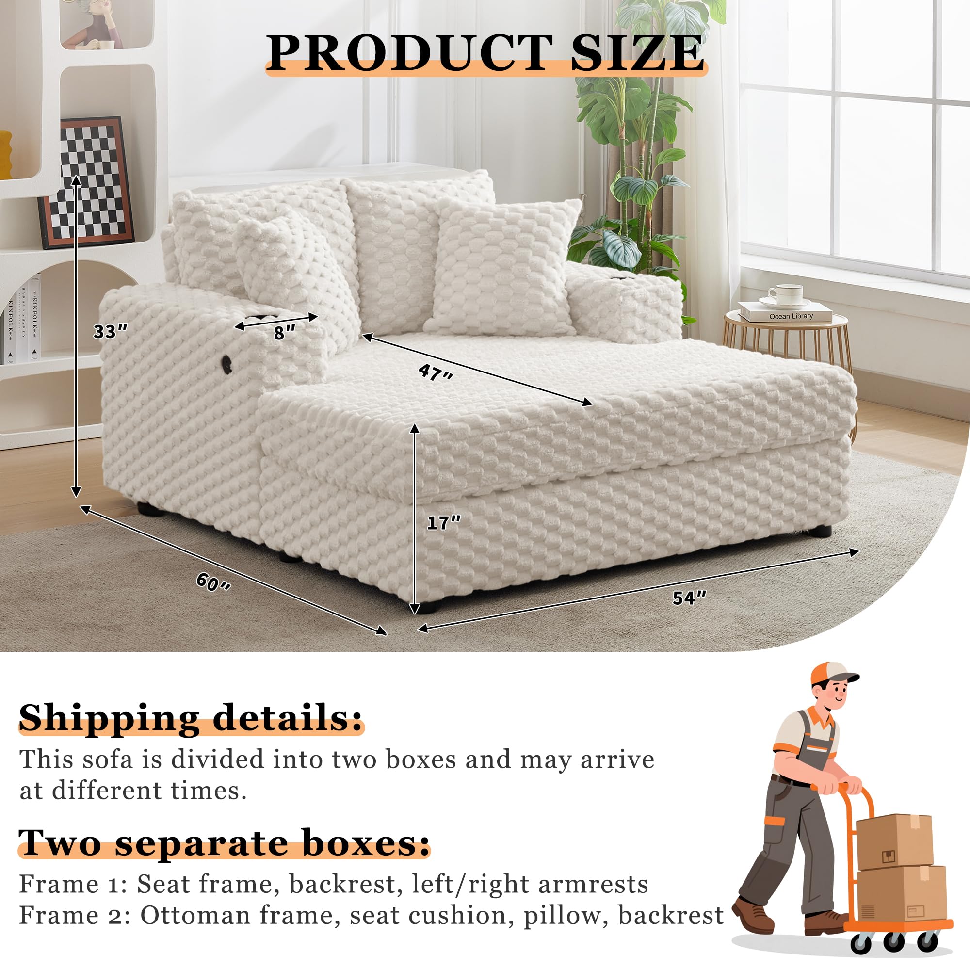 PeacefulHues 60 Inch Oversized Chaise Lounge Indoor, Upholstered Sofa Bed with Throw Pillows and Armrests, Sleeper Chair- Cozy Reading Chair for Living Room, Bedroom, Home, Beige