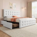 GAOMON King Size Bed Frame with 4 Storage Drawers and Headboard, Faux Leather Upholstered Platform Bed Frame with Wooden Slats Support, Button Tufted Design, No Box Spring Needed, White