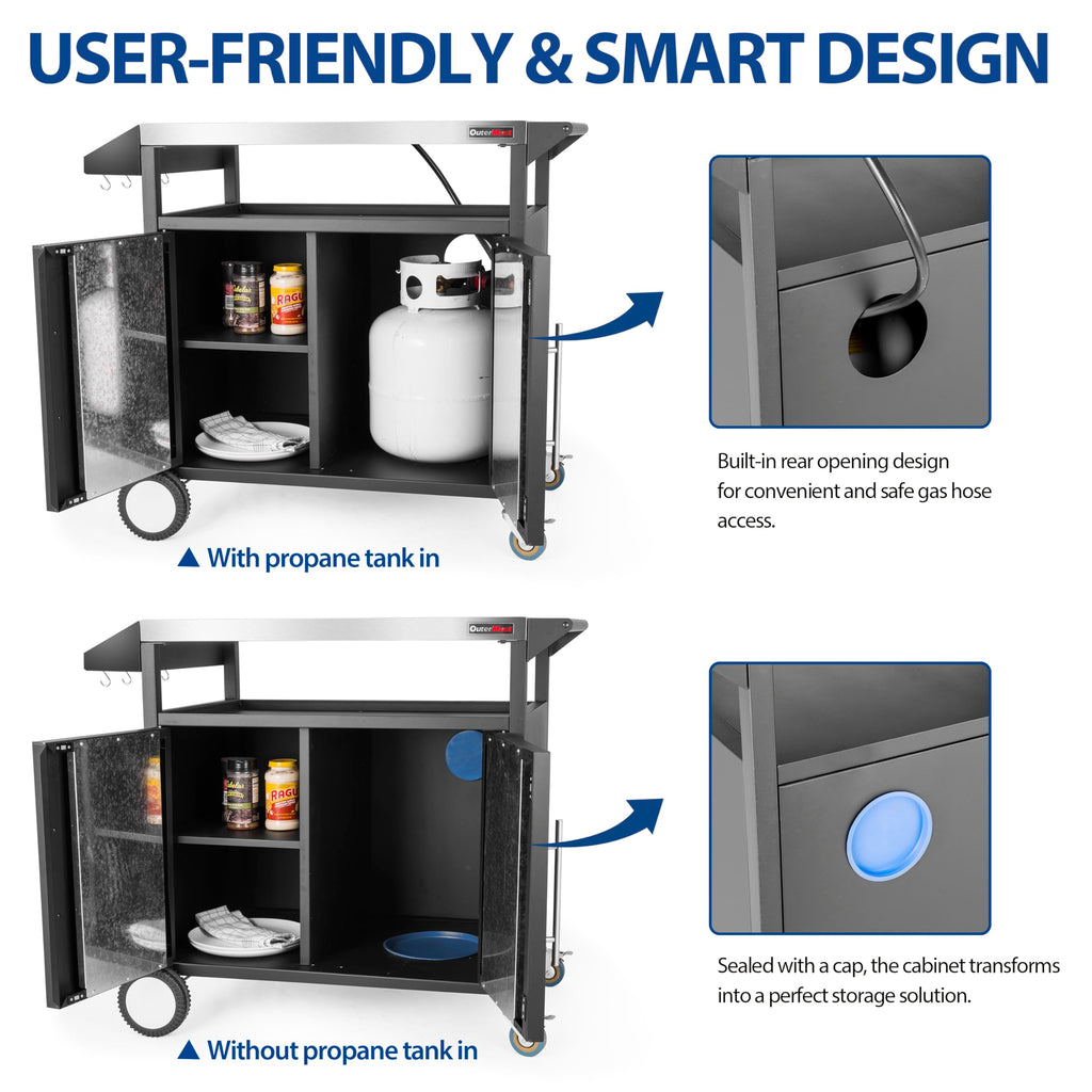 OuterMust Grill Table Outdoor Kitchen Cabinet, Moveable Outdoor Prep Table & Bar for Storage, Grilling and Pizza Oven, Multifunctional Silver & Black