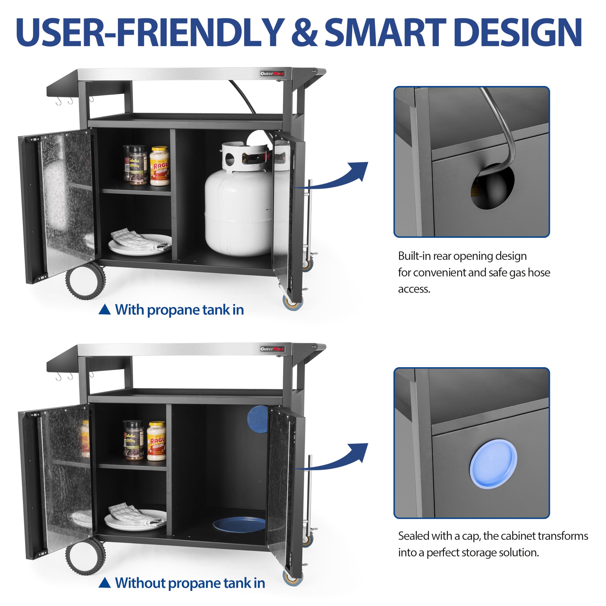 OuterMust Grill Table Outdoor Kitchen Cabinet, Moveable Outdoor Prep Table & Bar for Storage, Grilling and Pizza Oven, Multifunctional Silver & Black