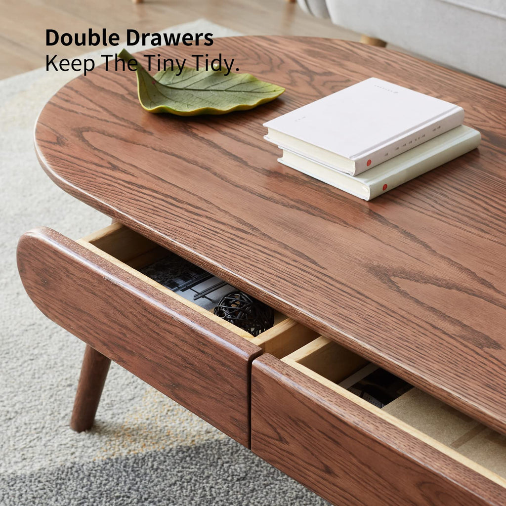 Christopher Knight Home Minta Modern Medium Size Low Wooden Coffee Table, Oval Top Living Room End Table with Drawer, Home Office Writing Desk, Multifunctional Sofa Table, Natural Walnut Brown
