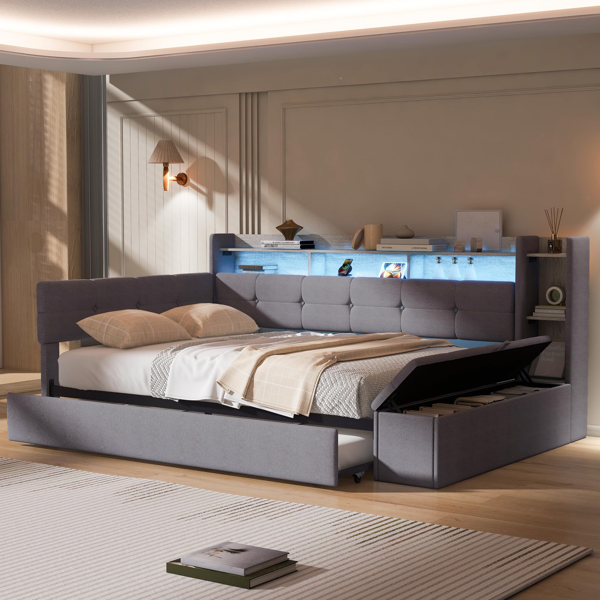 Merax Full Size Upholstered Daybed with Trundle and Storage Drawer, Headboard with Light, Shelves, USB Charging Station, Multi-Functional Bed for Guest Room, Living Room, No Box Spring Needed, Gray