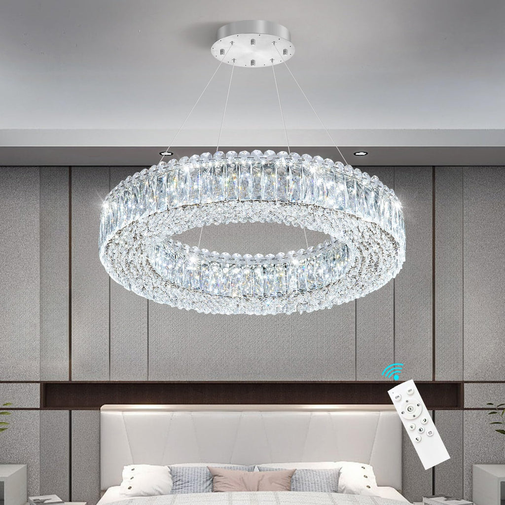 24'' Modern Crystal Chandeliers Large Ring Chandelier for Living Room LED Dimmable Ceiling Light for Dining Room High Ceiling Chandeliers for Foyer Entryway Silver