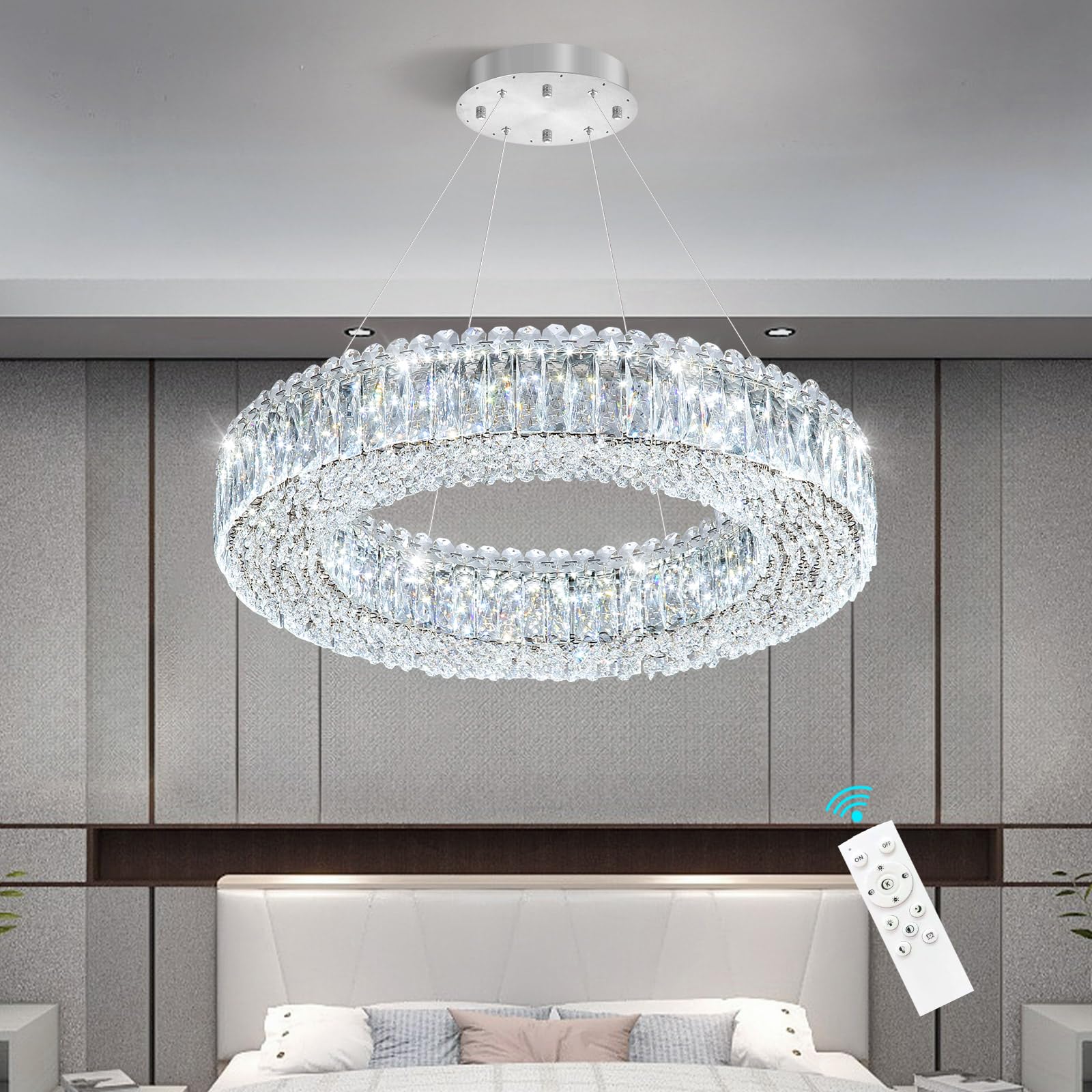 24'' Modern Crystal Chandeliers Large Ring Chandelier for Living Room LED Dimmable Ceiling Light for Dining Room High Ceiling Chandeliers for Foyer Entryway Silver