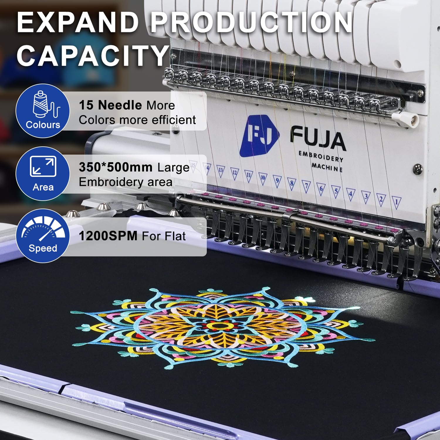 FUJA 15 Needle 14"x20" Large Area Commercial Embroidery Machine,1200 SPM High Speed, 10" Touch Screen, WiFi, Auto Color Change & Trim, for Hats, Jackets, Hoodies, T-Shirts and Patches