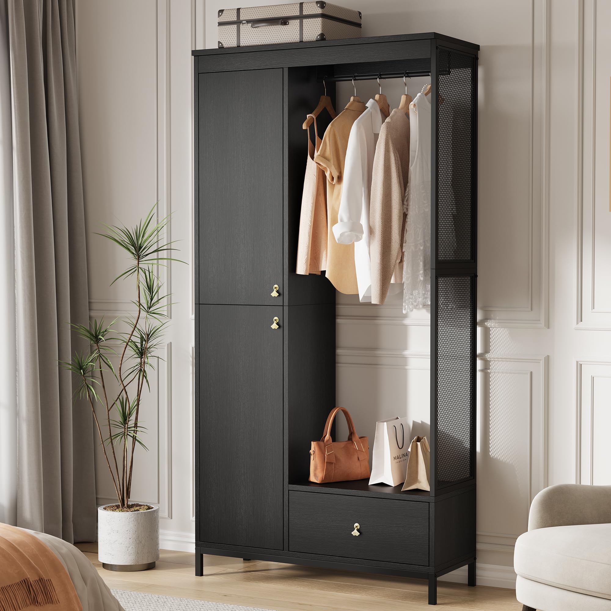 GAOMON Modern Armoire Wardrobe Closet, Wood and Metal Frame Clothes Storage Organizer with Double Closed Doors, Open Hanging Rod, Bottom Drawer, Freestanding Bedroom Furniture for Small Spaces, Black