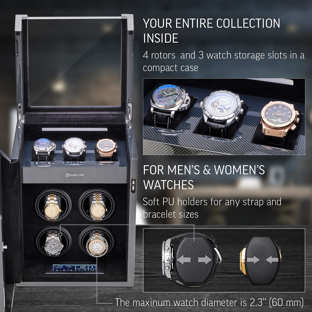 TIMECUBE Watch Winder for 4 Watches with 15 Winding Programs and 3 Watch Storage Slots (Carbon)