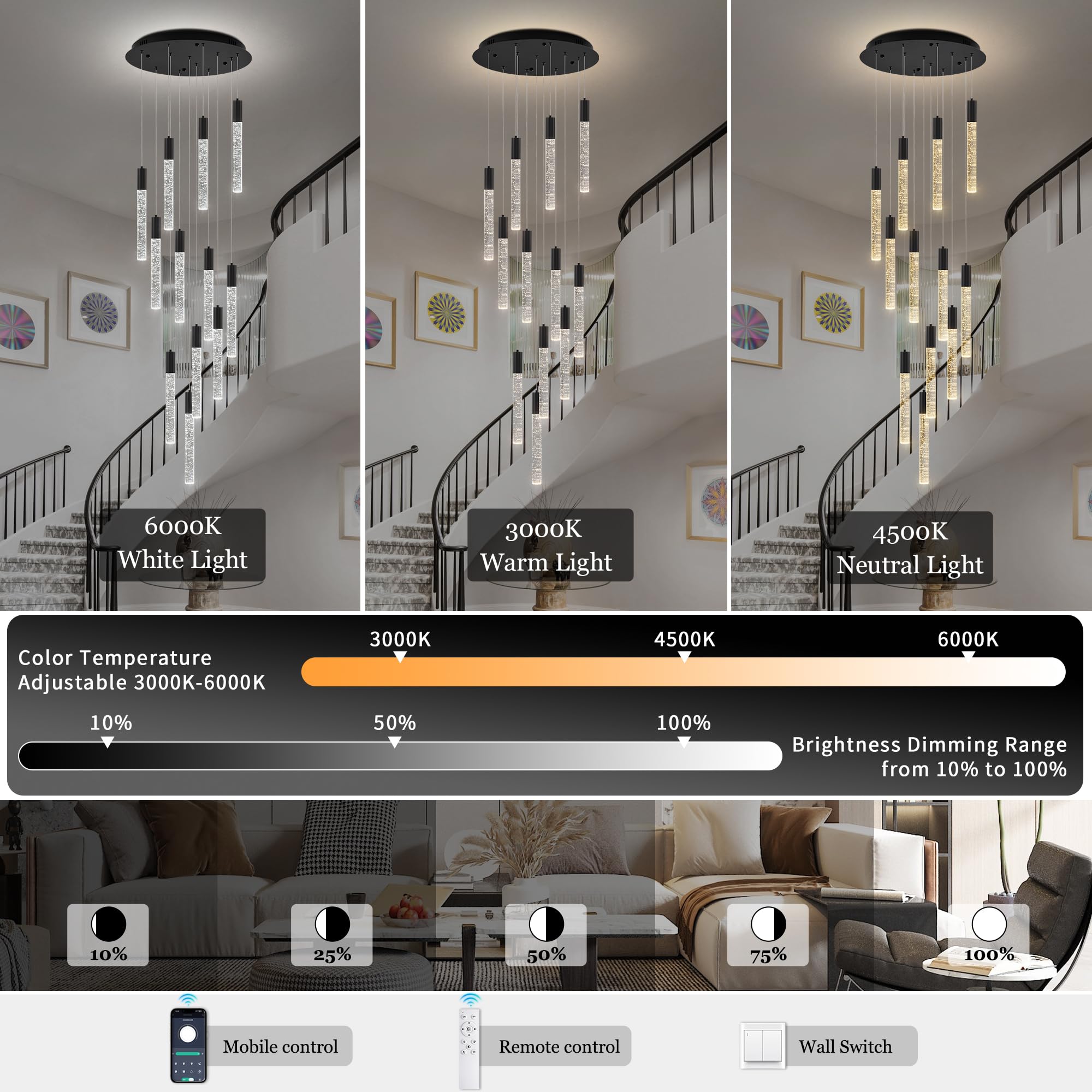 Upfelw Modern High Ceiling Crystal Chandelier 12-Lights, Large Spiral LED Raindrop Foyer Pendant Lighting, Bubble Staircase Living Room Hanging Light Fixture Flush Mount Black