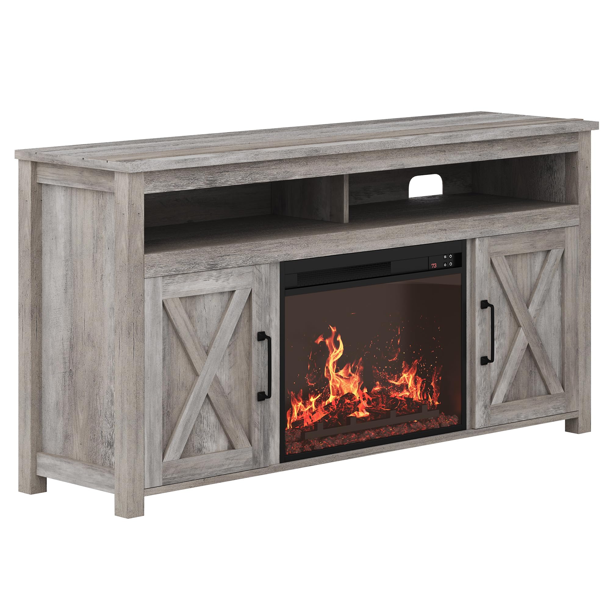 BELLEZE 58" Farmhouse Fireplace TV Stand for TVs up to 65", 23" Electric Fireplace Heater with Sound, Entertainment Center Media Console Table Barn Door Storage Cabinets for Living Room -Gray