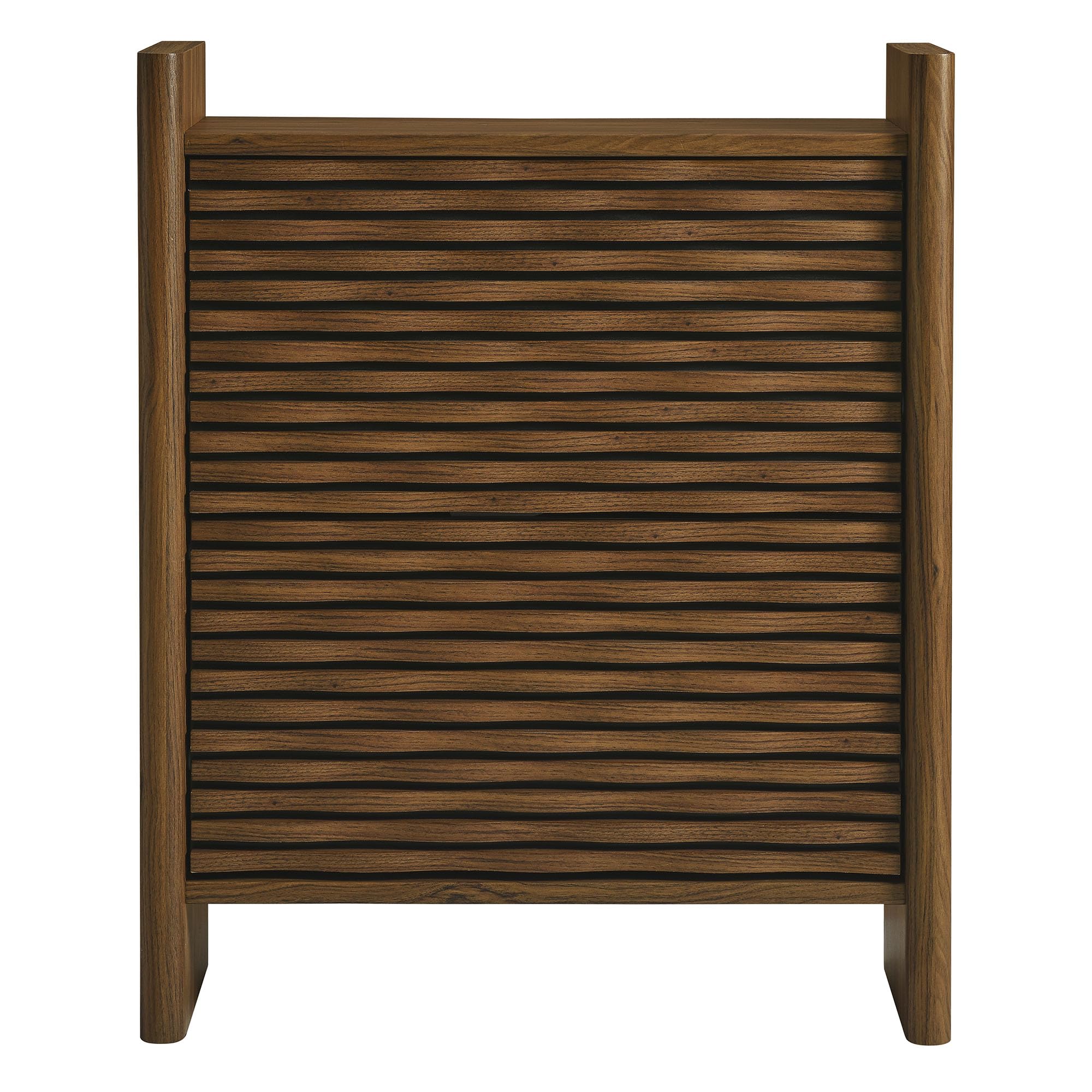 Modway Emric 35 Inch Wave Shoe Storage Cabinet in Walnut – Modern Slatted Front Shoe Rack Cabinet with 2 Flip Drawers for Entryway, Hallway, or Bedroom