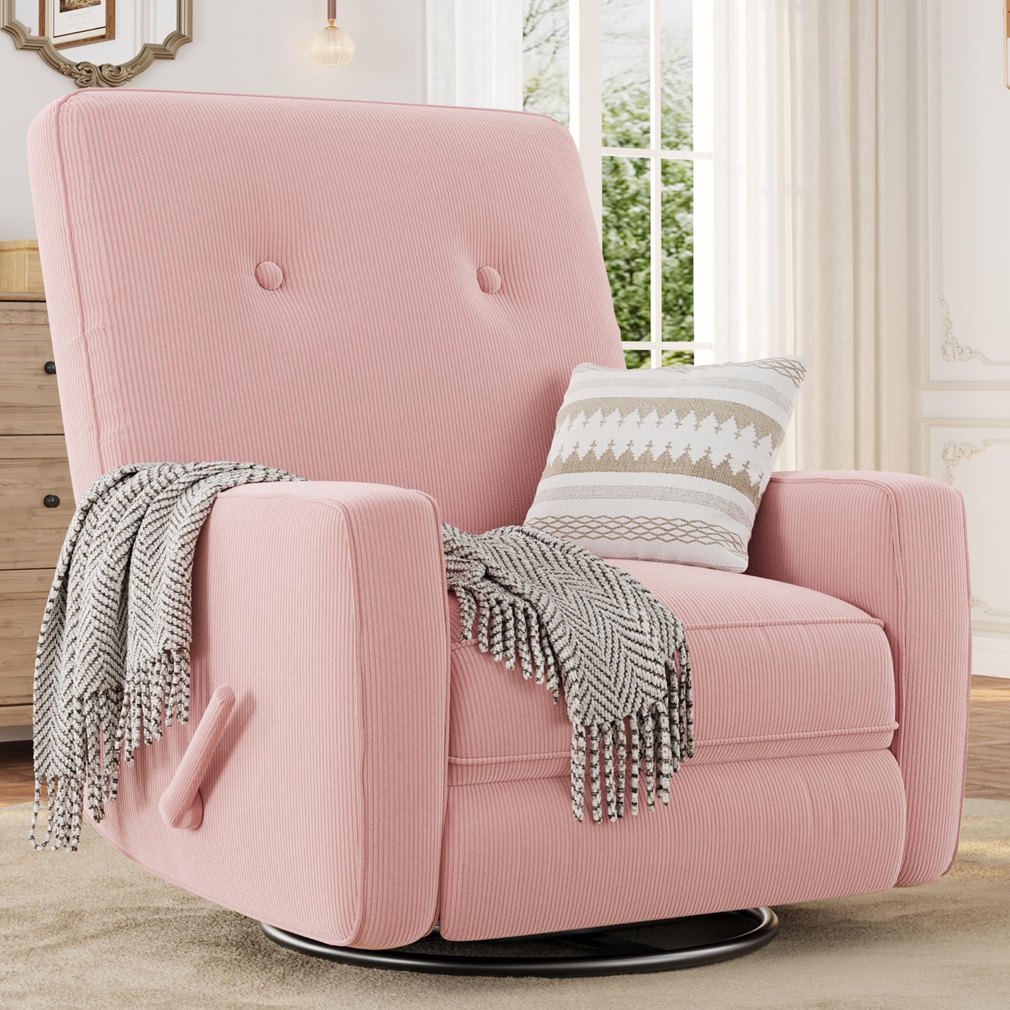 GarveeHome Recliner Chairs, Swivel Rocker Recliner, Glider Recliner Nursery Chair for Adults, 360° Swivel Glider Rocking Chair for Living Room, Bedroom, Office, RV, Small Spaces, Corduroy, Pink