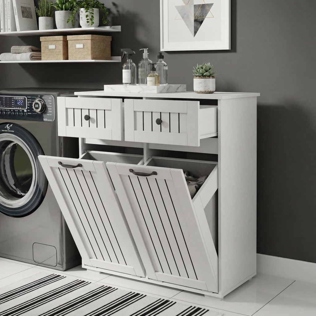 FEBORY White Laundry Cabinet with 2 Removable Hamper Baskets and 2 Drawers, Particle Board and MDF, 31.5 x 15.75 x 35.83 Inches