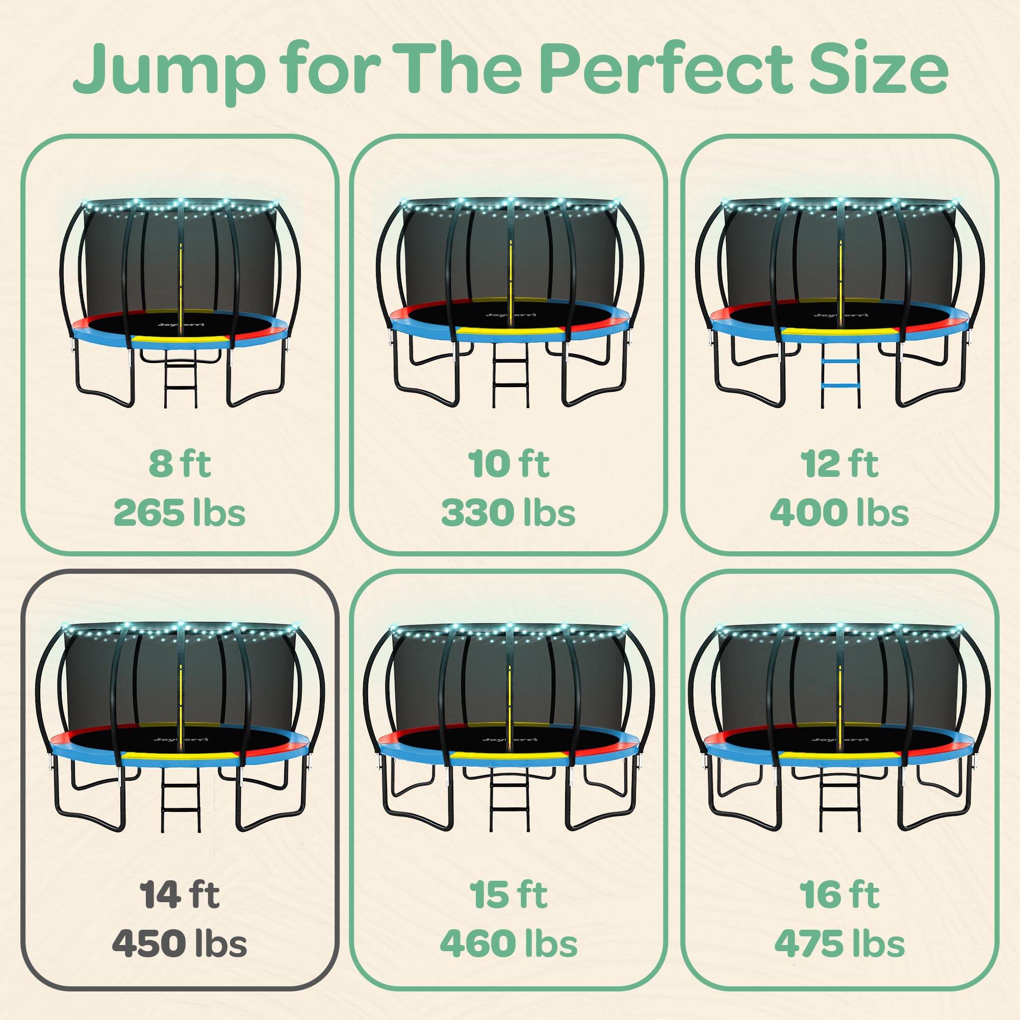 JoyBerri Trampoline Outdoor - Upsurge ASTM Certified Safe 8Ft 10Ft 12Ft 14Ft 15Ft 16Ft Recreational Trampoline for Kids and Adults. Anti-Rust Coating with Enclosure Net, Ladder, Sprinkler & LED Lights