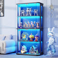 BROTTAR Rounded Display Cabinet with Glass Door, 4-Tier Curio Cabinet with Transparent Full-Display Surface for Collectibles, Glass Display Case with 3 Color Lights, Human Body Sensor, Black