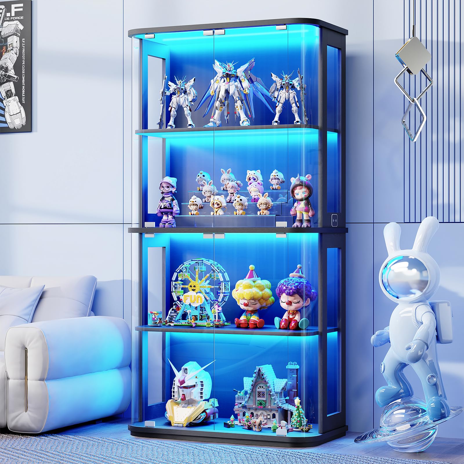 BROTTAR Rounded Display Cabinet with Glass Door, 4-Tier Curio Cabinet with Transparent Full-Display Surface for Collectibles, Glass Display Case with 3 Color Lights, Human Body Sensor, Black