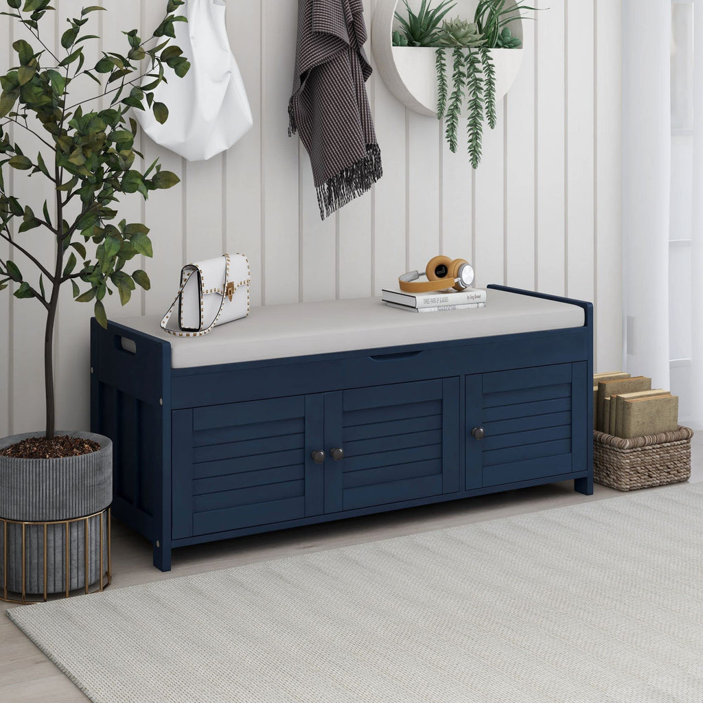GDFStudio Jasd Storage Bench with 3 Shutter-Shaped Doors, Shoe Bench with Removable Cushion and Hidden Storage Space, Large Organizer Space, Wooden Foot Rest for Living Room Entryway, Antique Navy
