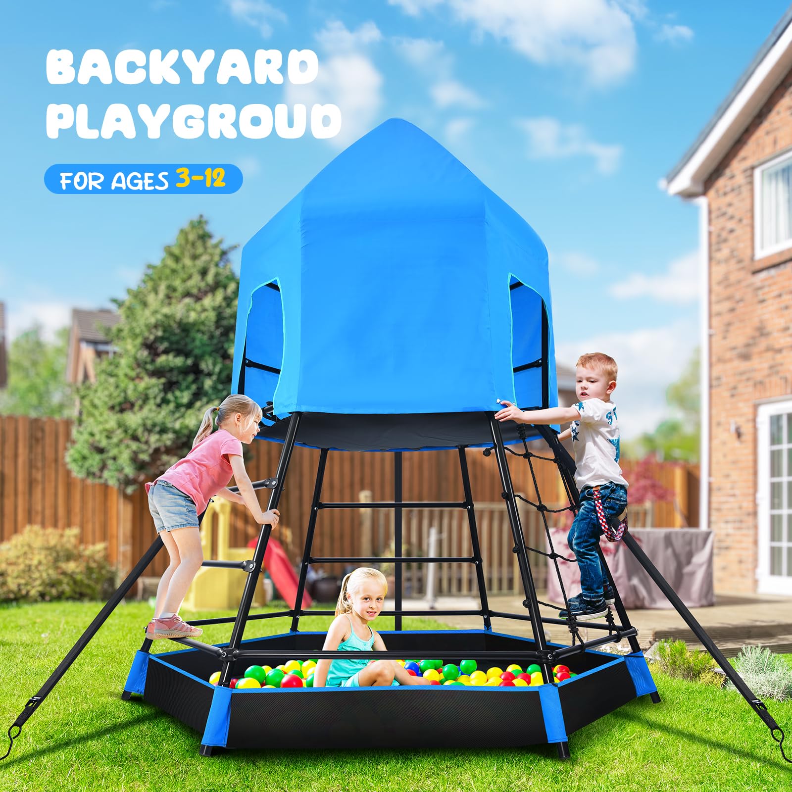 Hapfan Jungle Gym with Platform and Tent, Climbing Toys with Monkey Bars for Kids, Metal Outdoor Play Equipment