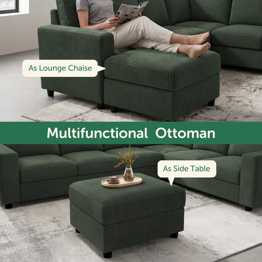 HONBAY Corduroy Sectional Sofa, 80 Inch 6 Seats L Shaped Couch with Ottoman for Living Room, Green