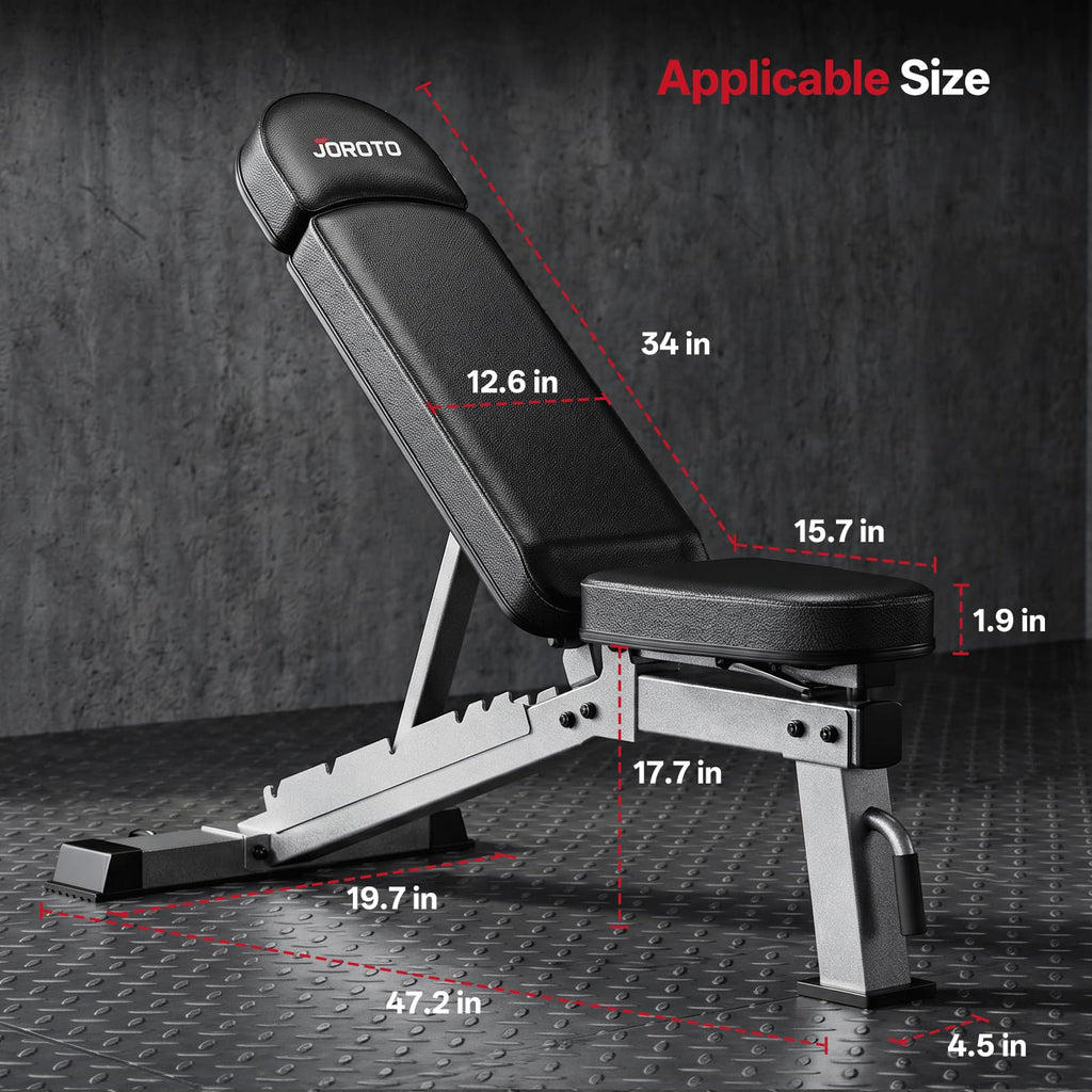 JOROTO Adjustable Weight Bench - 1300LBS Heavy Duty Workout Bench for Strength Training, Decline/Flat/Incline Bench Press with 34" Extra-Long Backrest & Wheels for Full Body Exercise, Grey