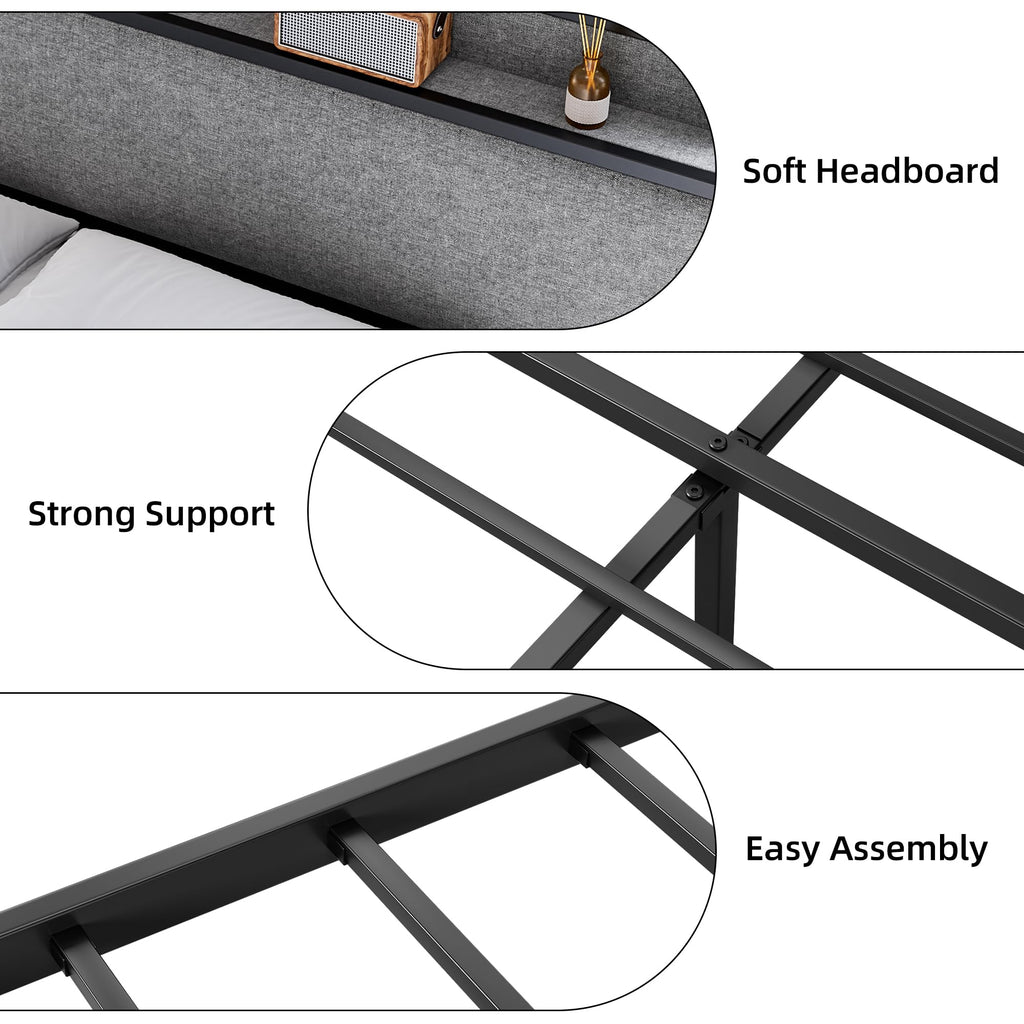 Garvee King Size Bed Frame with 2 Storage Drawers and USB Ports, Upholstered Platform Bed with Headboard, Sturdy & Noise Free, Under Bed Storage, No Box Spring Needed, Gray