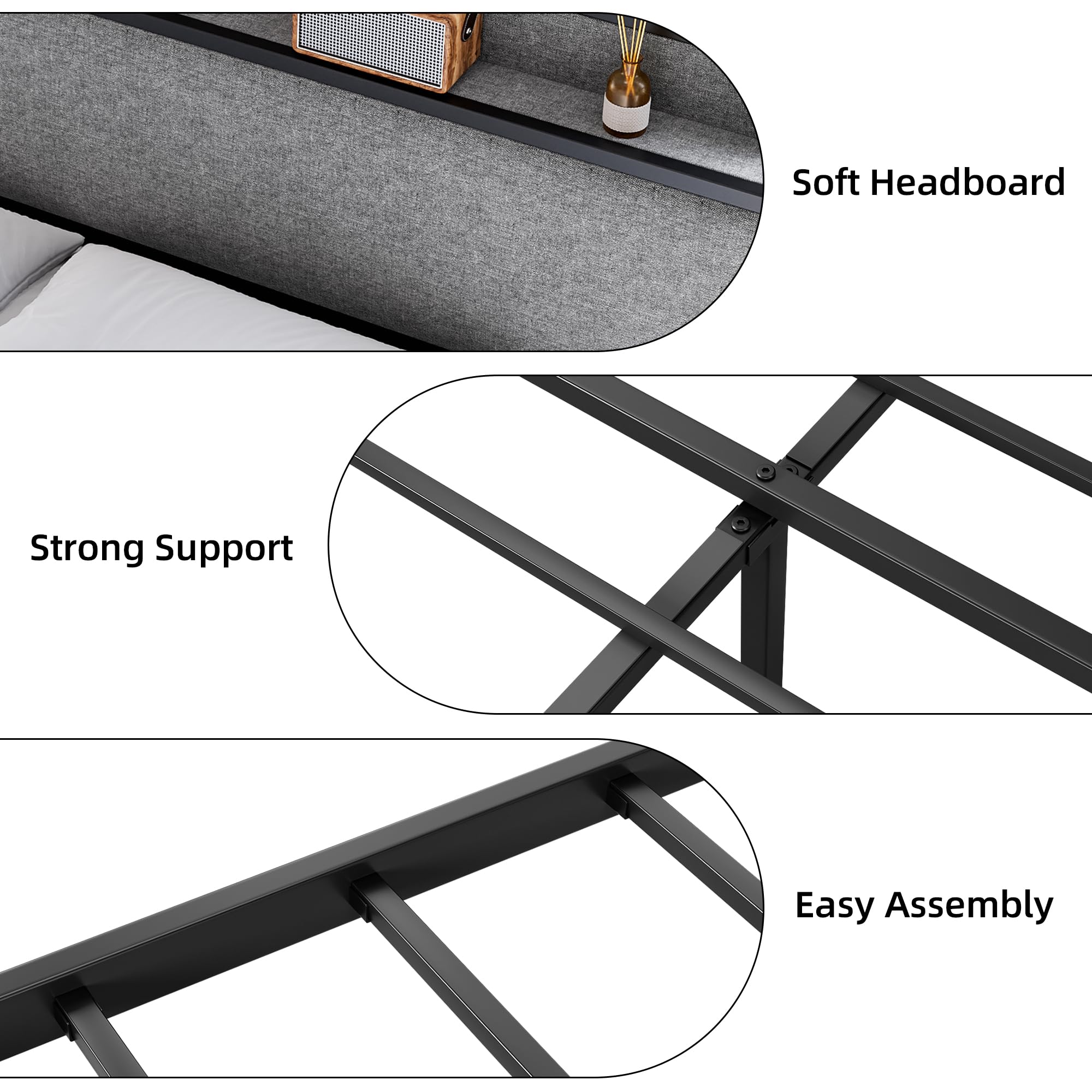 Garvee King Size Bed Frame with 2 Storage Drawers and USB Ports, Upholstered Platform Bed with Headboard, Sturdy & Noise Free, Under Bed Storage, No Box Spring Needed, Gray