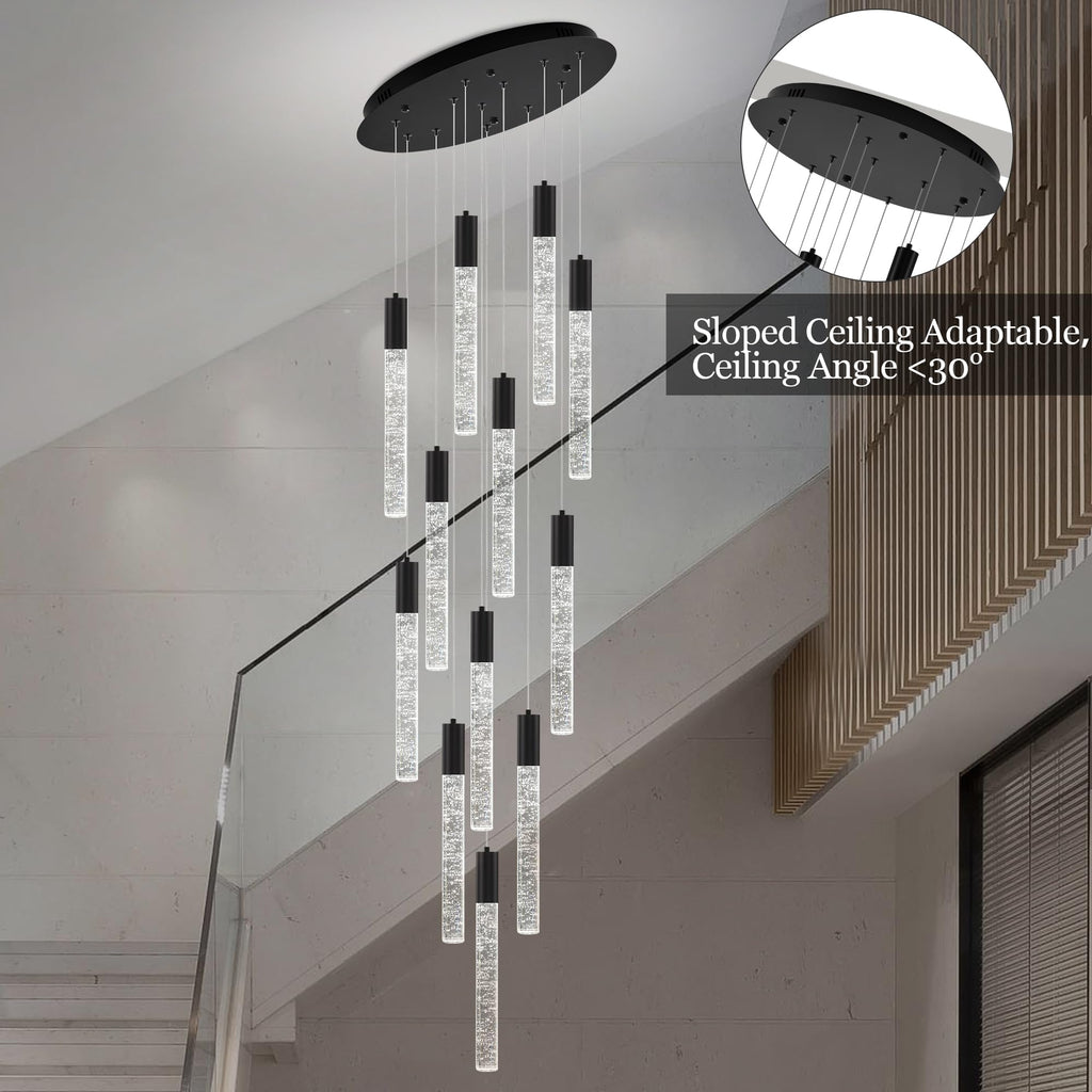 Upfelw Modern High Ceiling Crystal Chandelier 12-Lights, Large Spiral LED Raindrop Foyer Pendant Lighting, Bubble Staircase Living Room Hanging Light Fixture Flush Mount Black