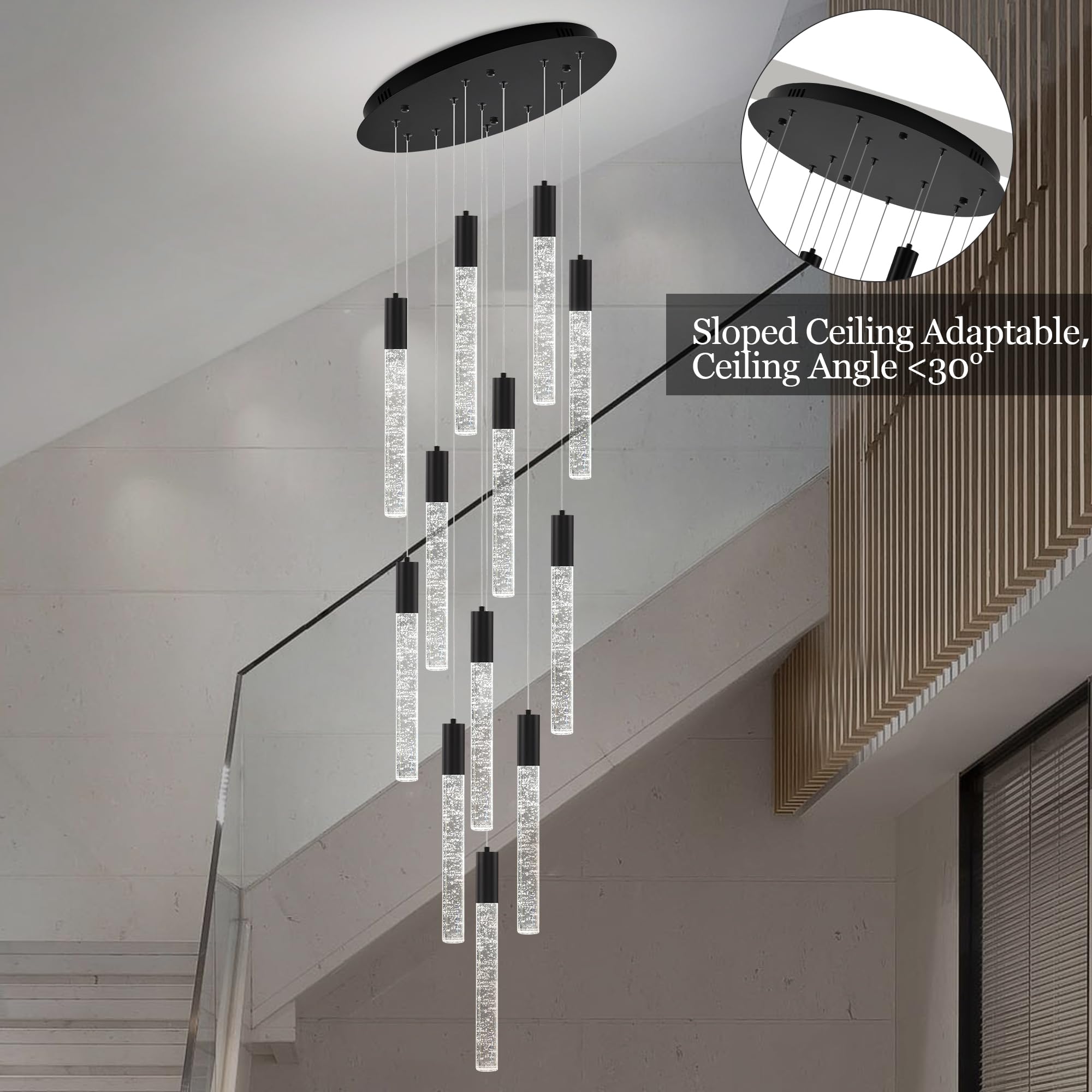 Upfelw Modern High Ceiling Crystal Chandelier 12-Lights, Large Spiral LED Raindrop Foyer Pendant Lighting, Bubble Staircase Living Room Hanging Light Fixture Flush Mount Black