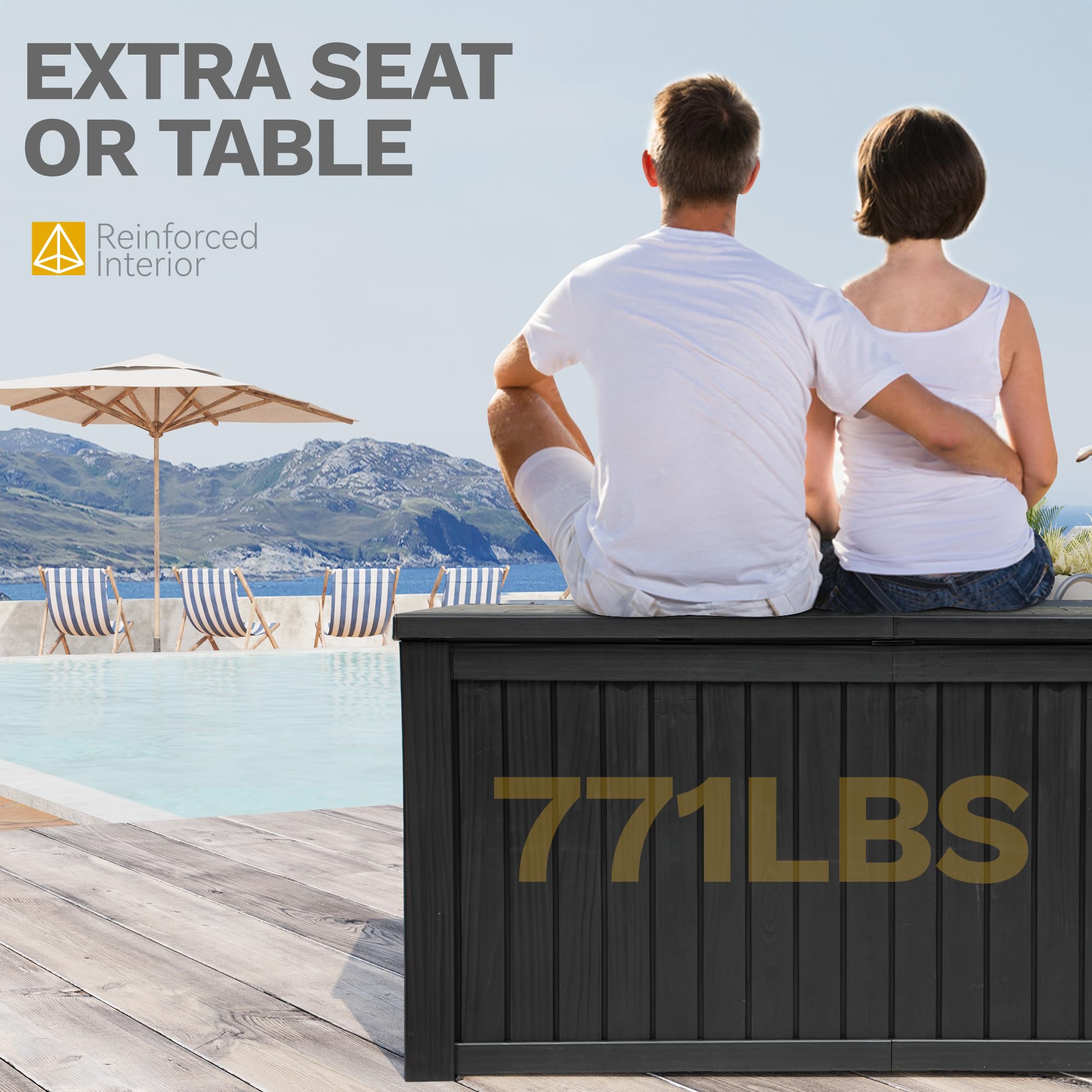 DWVO 220 Gallon Extra-Large Patio Deck Box, Waterproof Resin Outdoor Storage Box with Removable Divider for Patio, Garden, Pool, Furniture and Tools, Black