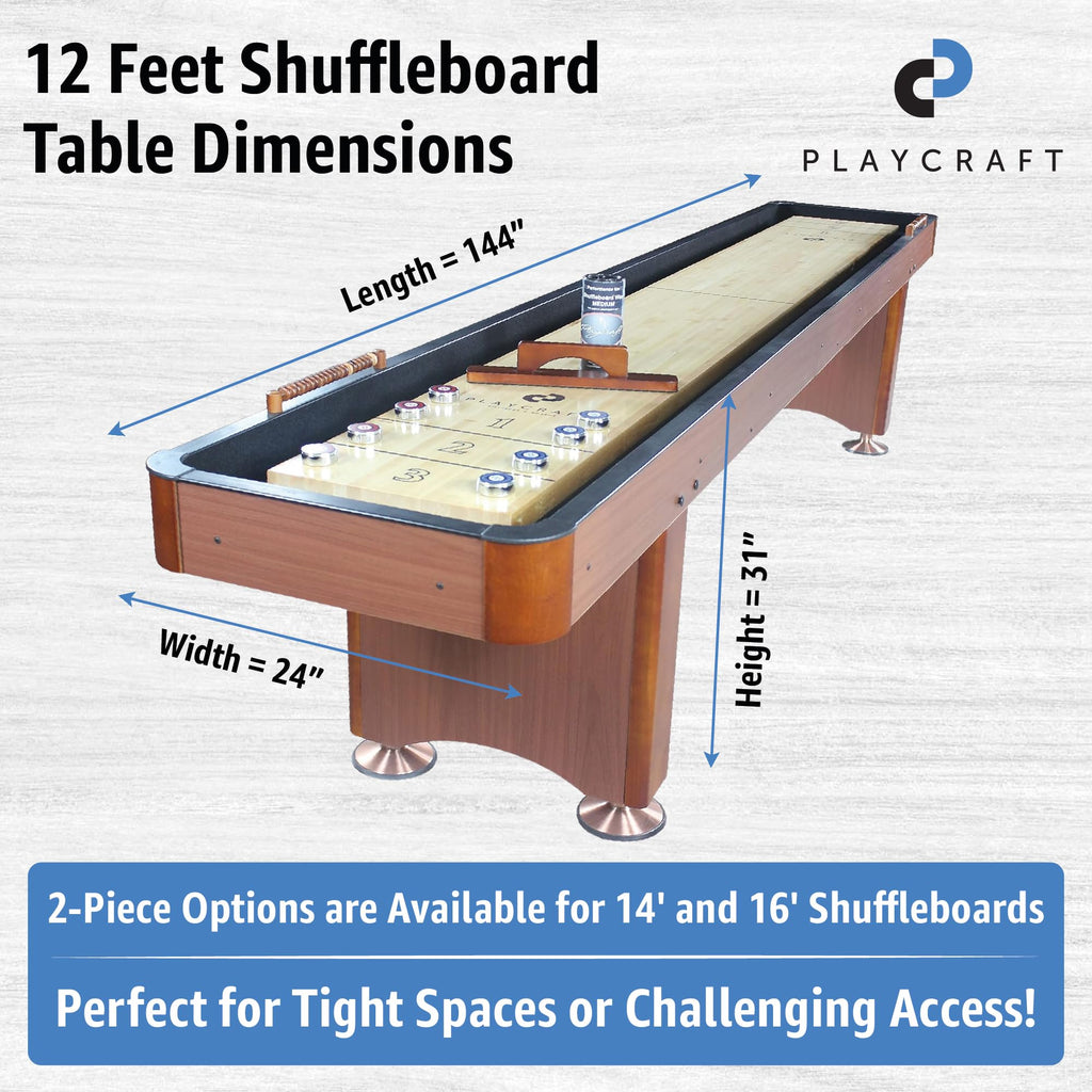 Playcraft Woodbridge Shuffleboard Table with Storage Cabinet - Shuffle Board Game Table Set with Matching Abacus, 8 Pucks, Brush & Wax (Made in USA) - Pro Style Climate Adjusters - Cherry - 12ft