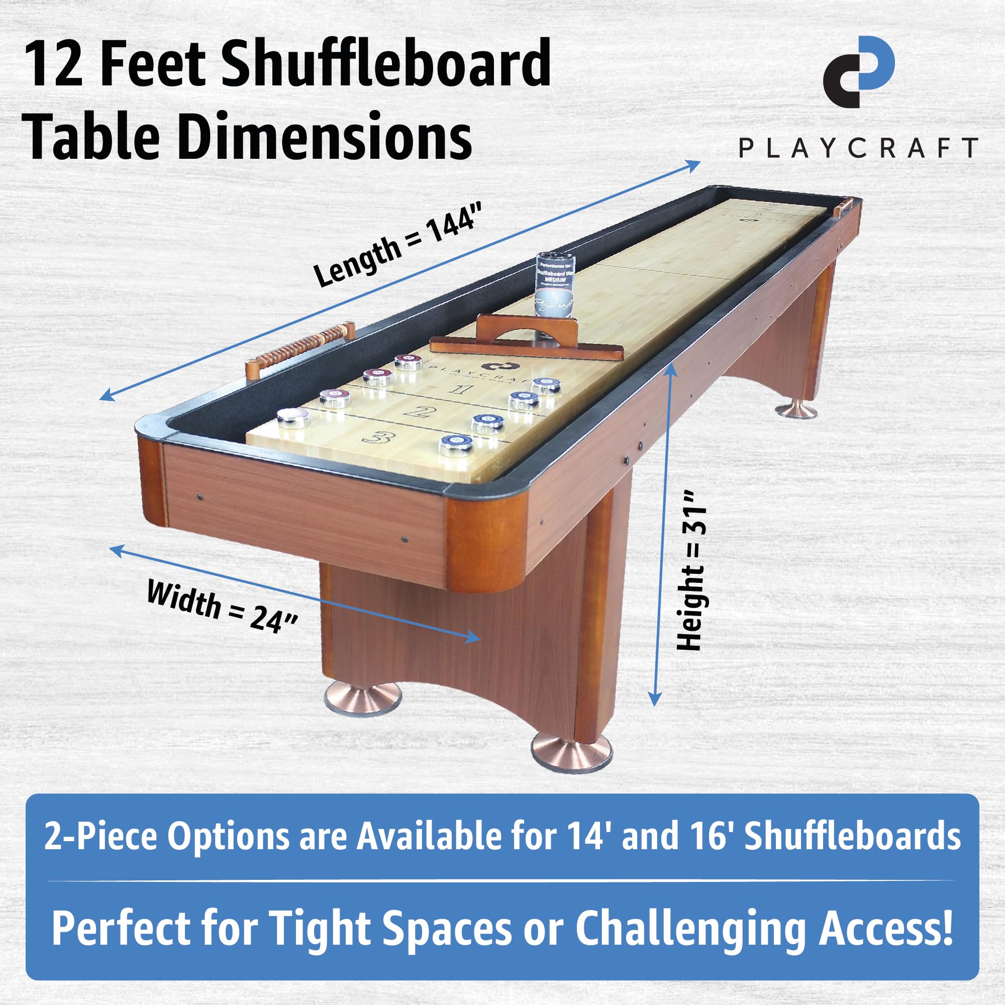 Playcraft Woodbridge Shuffleboard Table with Storage Cabinet - Shuffle Board Game Table Set with Matching Abacus, 8 Pucks, Brush & Wax (Made in USA) - Pro Style Climate Adjusters - Cherry - 12ft