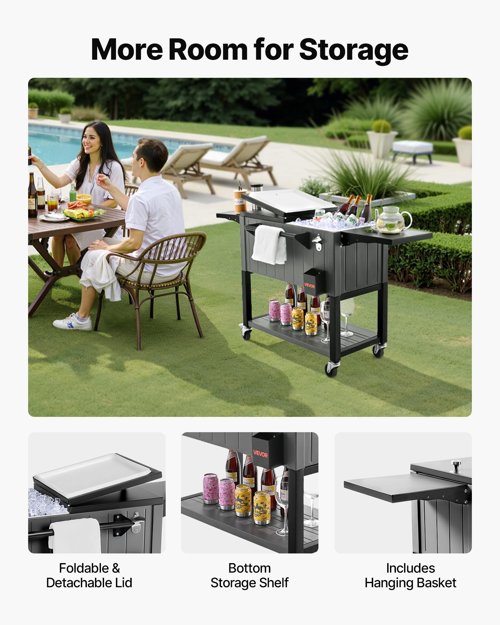 VEVOR 80QT Rolling Ice Chest, Holds up to 50 Bottles / 110 Cans, Portable Patio Party Bar Drink Cooler Cart with Bottom Shelf & Foldable Side Shelves, Beverage Pool with Swivel Wheels & Bottle Opener