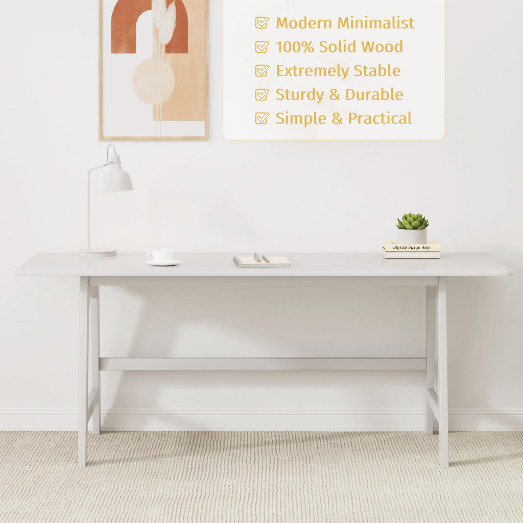 IOTXY Solid Wood Writing Table - 72" W x 24" D Minimalist Long Computer Desk for Home Office, Work, Study, Creativity, and PC Workstation, White