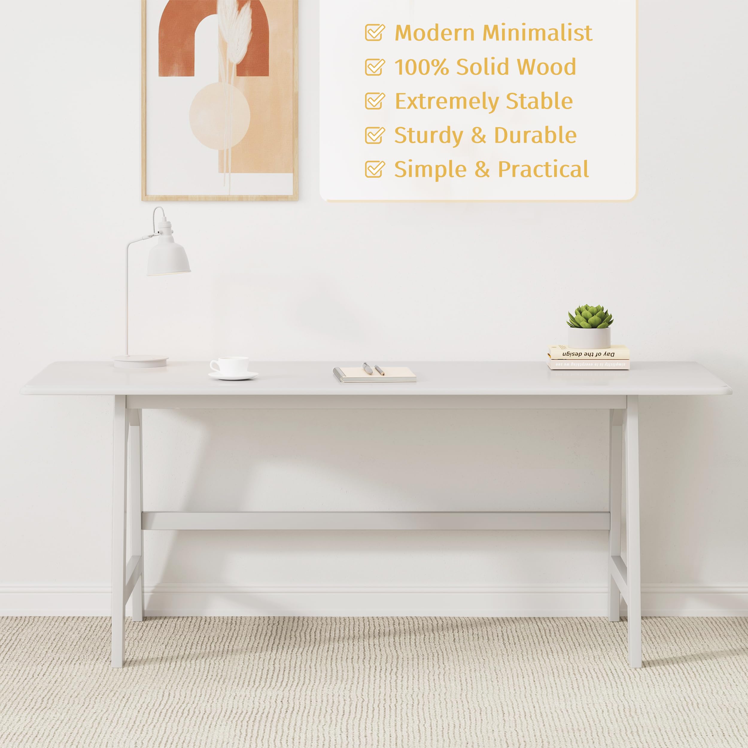 IOTXY Solid Wood Writing Table - 72" W x 24" D Minimalist Long Computer Desk for Home Office, Work, Study, Creativity, and PC Workstation, White