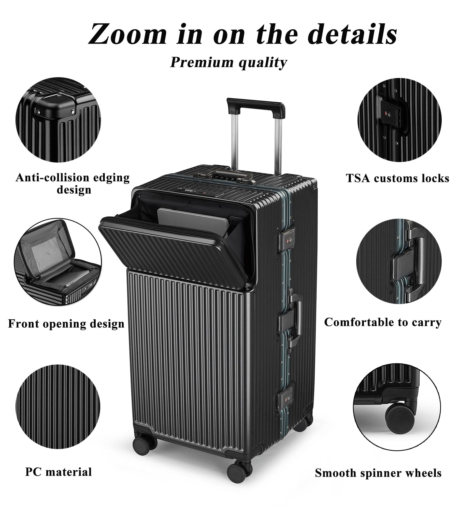 feilario 30in Super Large Captain Aluminum Frame Hardside Spinner Wheels Luggage, Zipperless Checked Suitcase with Front Compartment/Cup Holder/Phone Holder