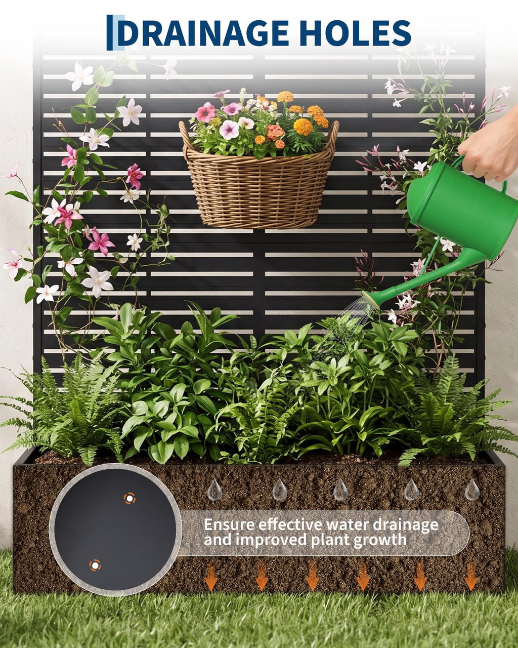 Metal Planter Box with Trellis, 71" H x 44" W x 16" D, Outdoor Raised Garden Bed with Privacy Screen & Drainage Holes, All-Weather Patio Planter for Climbing Plants, Vegetable, Vines, Louvered