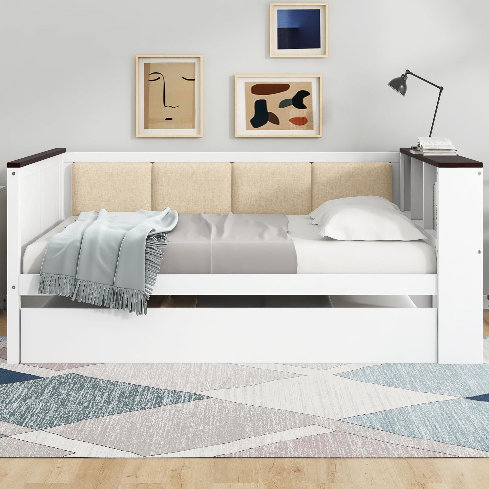 Ball & Cast Daybed with Trundle,Wood Full Size Daybed W/Storage Shelves and Upholstered Backrest & USB,Space Saving,No Box Spring Needed,Bedroom for Student Dorms,White
