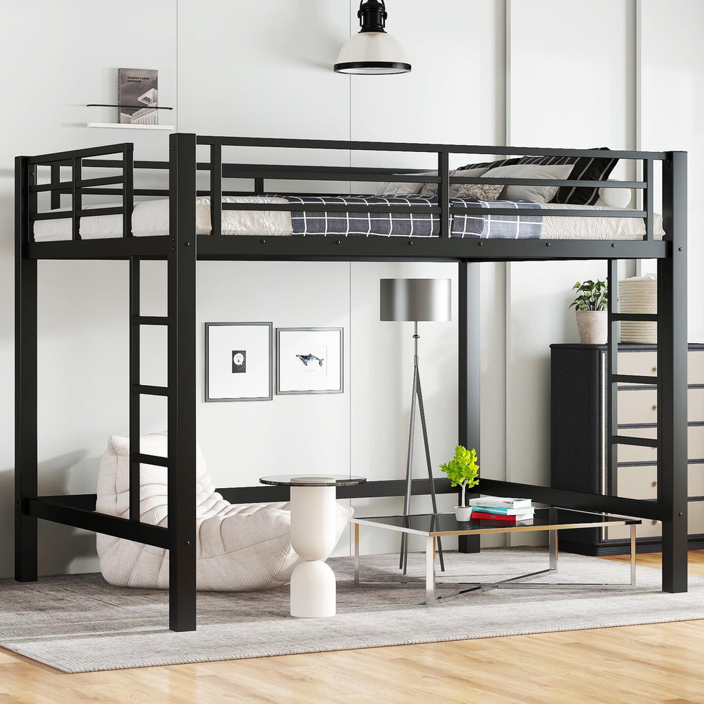 KEIKI Queen Loft Bed with Climbing Ladder for Adults，Heavy Duty Bunk Beds with Guardrails, Metal Bedframe for Bedroom, Black