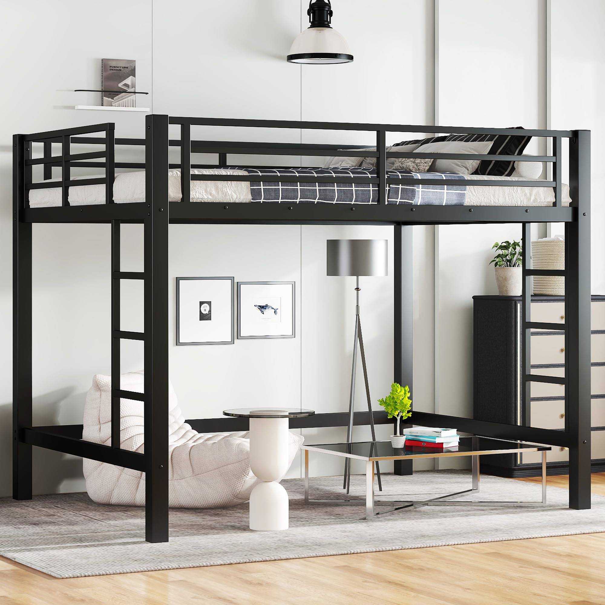 KEIKI Queen Loft Bed with Climbing Ladder for Adults，Heavy Duty Bunk Beds with Guardrails, Metal Bedframe for Bedroom, Black