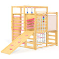 9-IN-1 Outdoor Indoor Jungle Gym, Montessori Wooden indoor playground for kids 2-8, Wooden Climbing Structure with Slide, Monkey Bars, Rope Ladder, Rock Wall, Climbing Net, Rings - Natural Wood Pink