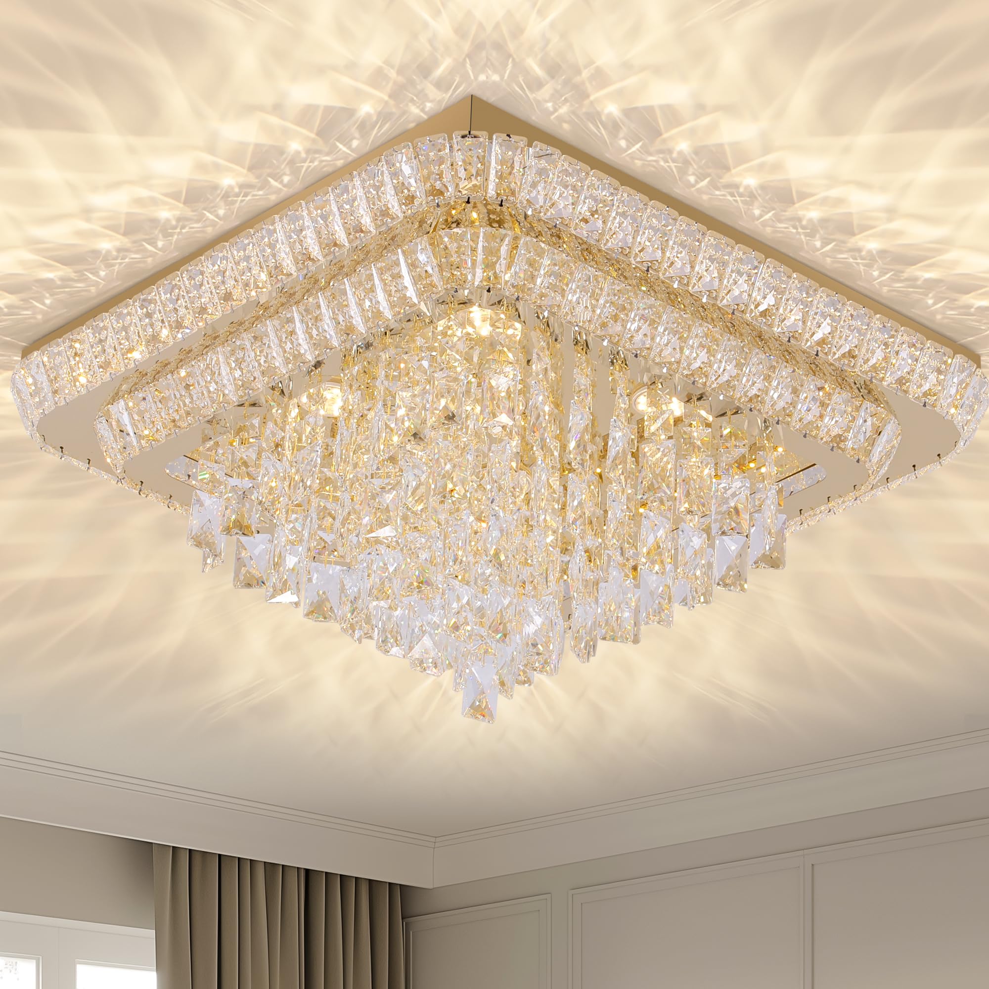 Miuyhji Elegant LED Crystal Raindrop Ceiling Light,24 Inch Square Gold Flush Mount Chandelier Light Fixture,Remote/APP, for Living Room Kitchen Dining Room Bedroom Hallway Entryway Foyer (Dimmable)
