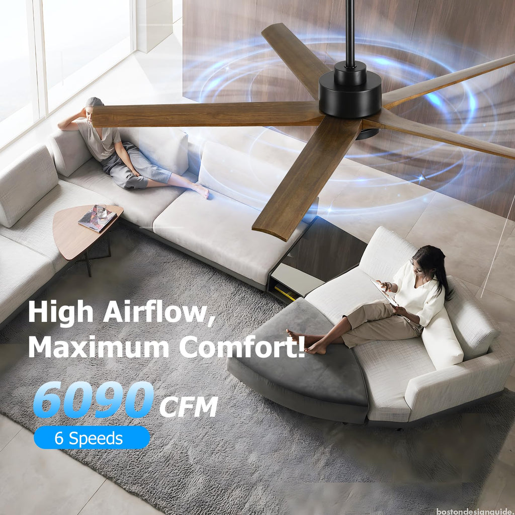 60 Inch Ceiling Fan with Lights, Outdoor Wood Silent Ceiling Fans, Modern High CFM Farmhouse Ceiling Fans, Quiet Reversible DC Motor, 5 Blades 6 Speed for Bedroom Living Room Exterior Patios