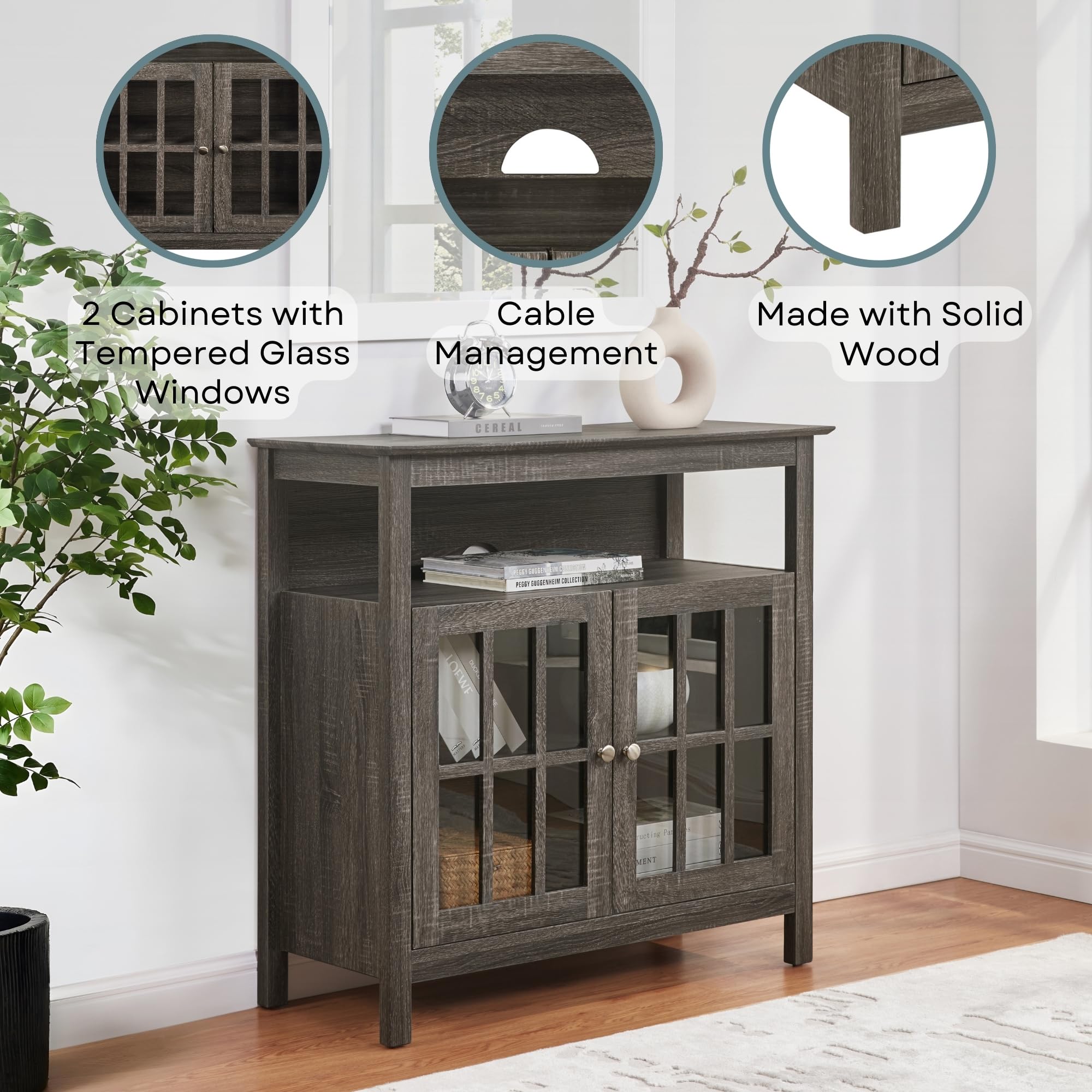 Convenience Concepts Big Sur Highboy TV Stand 36" - Modern Entertainment Center For TVs up to 40", Storage Cabinet for Dining, Living Room, & Entryway, Console Hall Table with Shelves, Weathered Gray