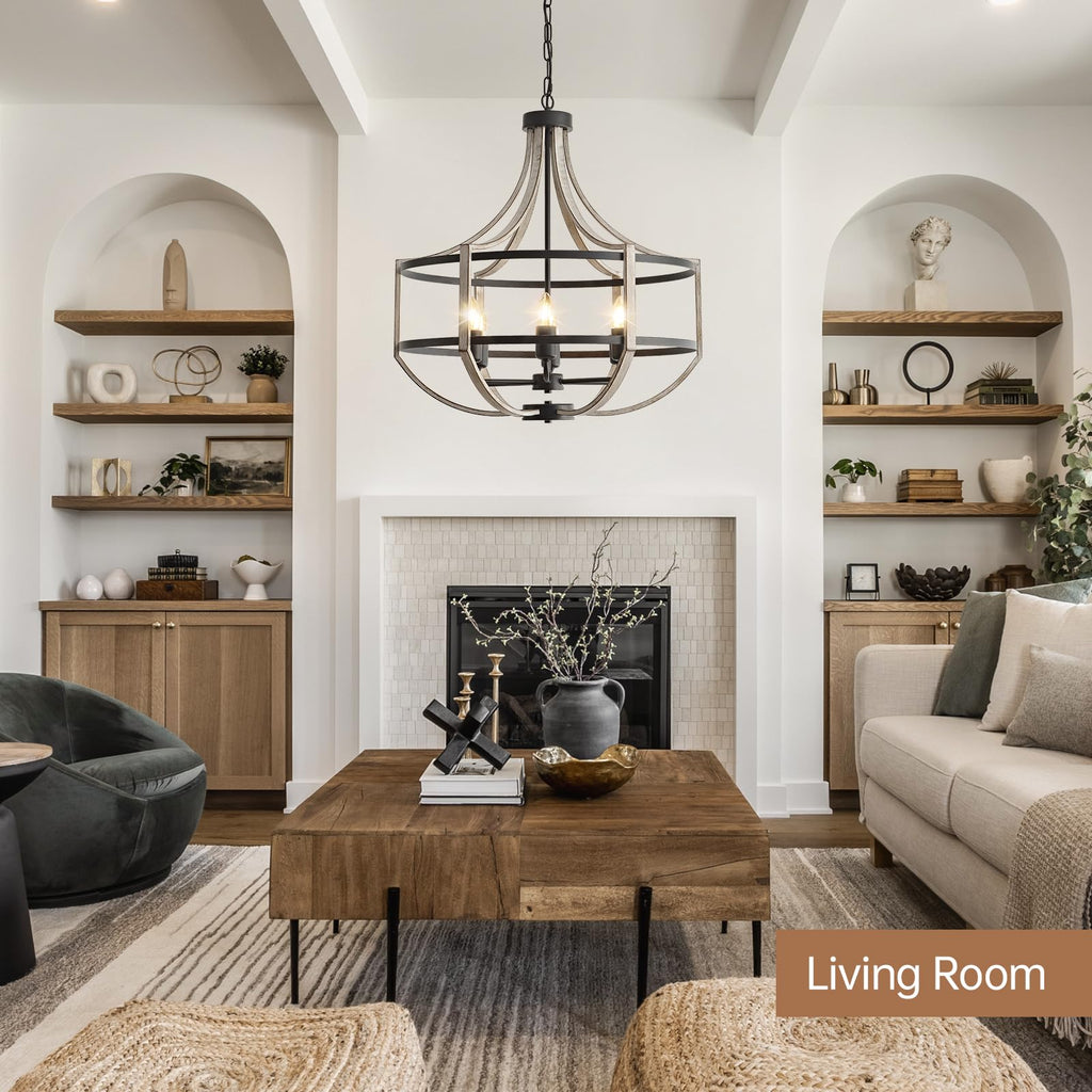 23.6" Farmhouse Chandelier for Dining Room, 6-Light Distressed White Faux Wood Pendant Light Fixtures, Antique Vintage Foyer Chandelier for Entryway Kitchen Island Living Room