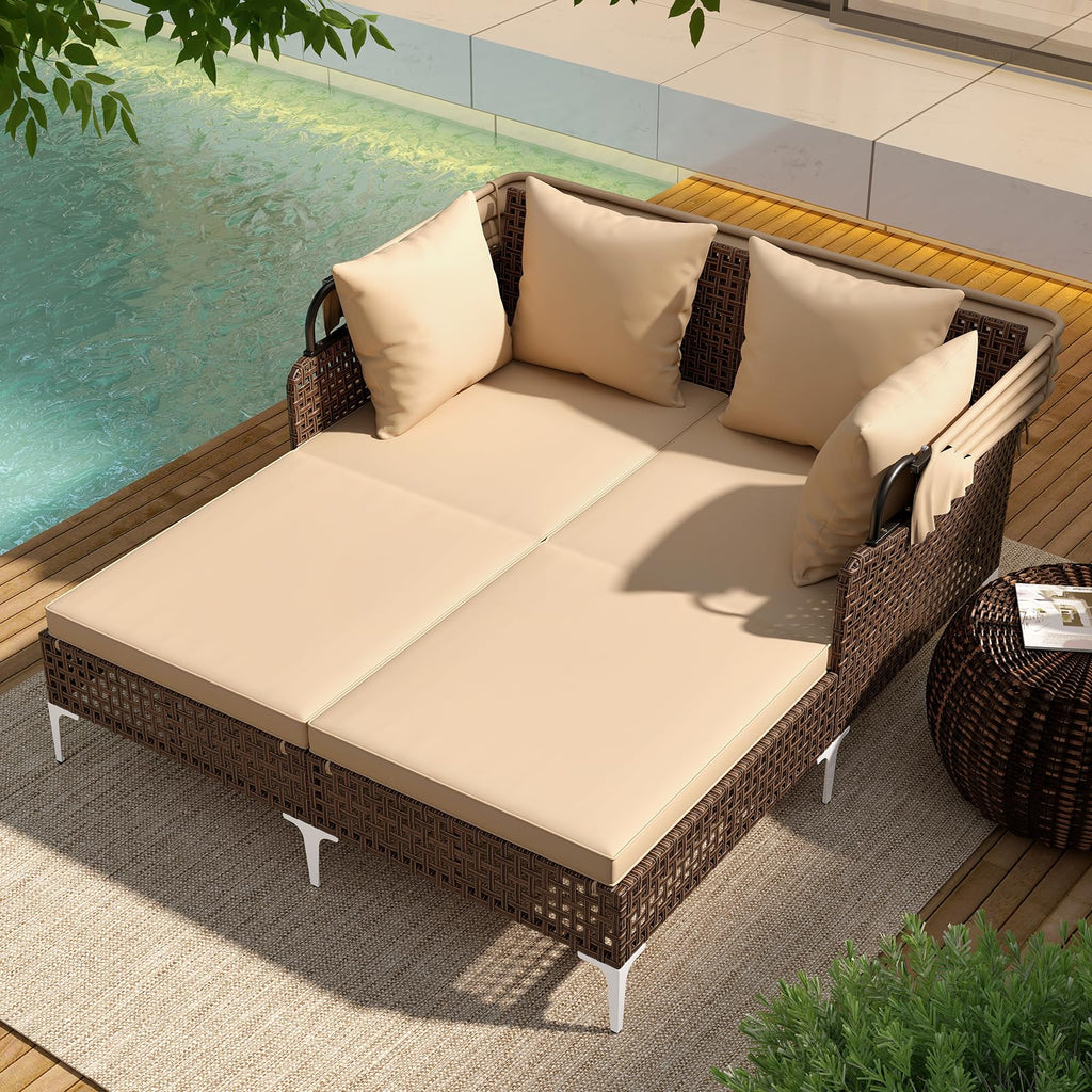Tangkula Outdoor Rattan Daybed with Retractable Canopy, Boho Patio Wicker Sunbed with Metal Support, Pillows & Cushions, Outdoor Double Chaise Lounge with Shade for Backyard, Poolside, Deck & Balcony
