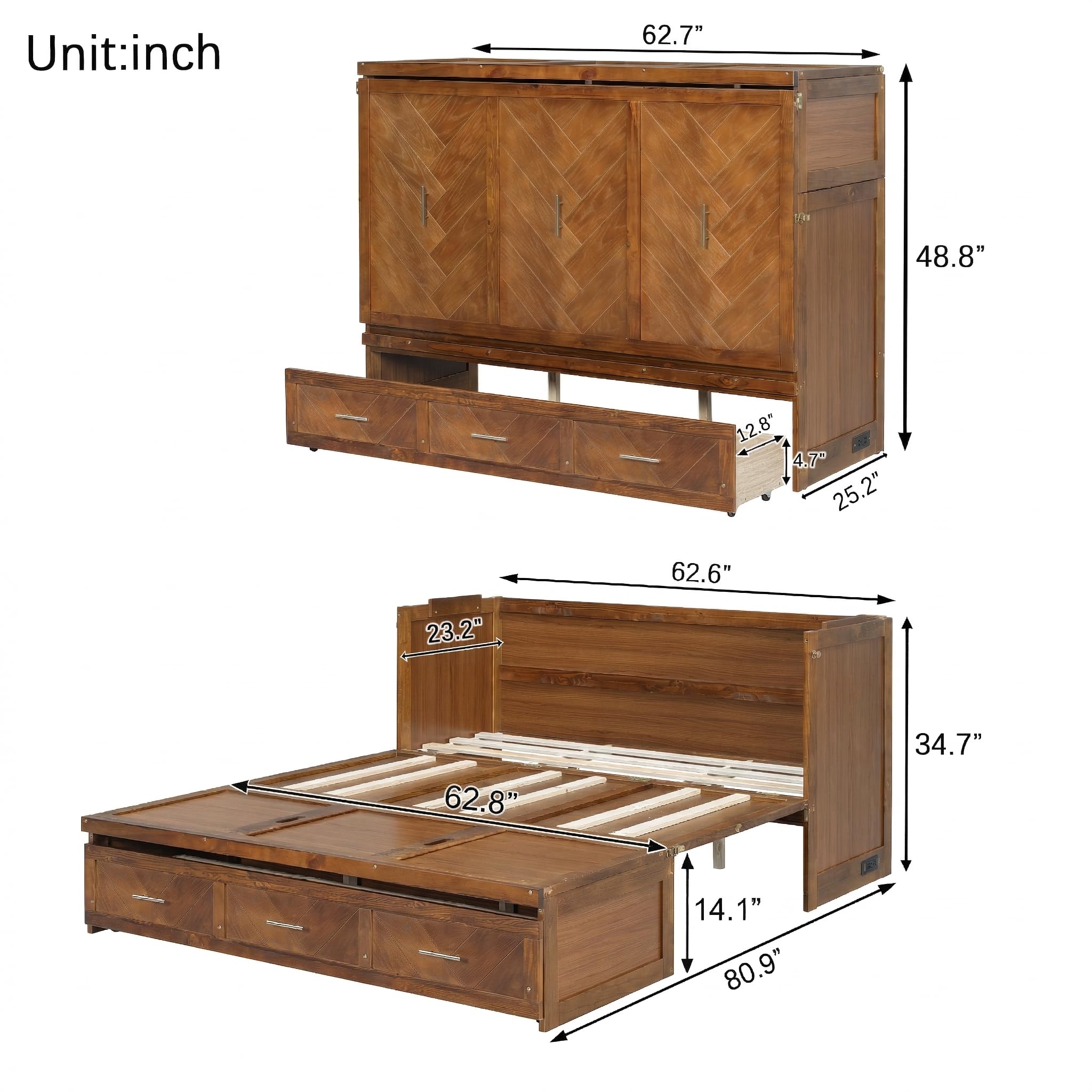 KEIKI Queen Murphy Bed Cabinet with Charging Station & Geometrical Panel, Pine Wood Hideaway Bed Frame with Large 3-Compartment Drawer, 2-in-1 Space-Saving Convertible for Guest Bedroom Studio Walnut