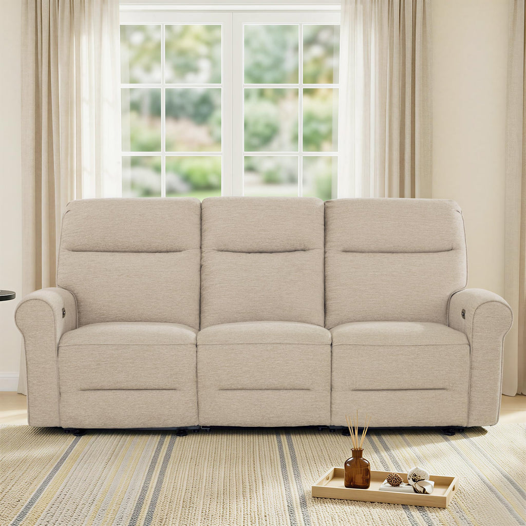 MCombo 87.8" Wall Hugger Power Reclining Sofa with Drop Down Table, 3-Seater Recliner Couch for Small Spaces Living Room RV, USB Ports, Fabric PR635M3 (Beige)